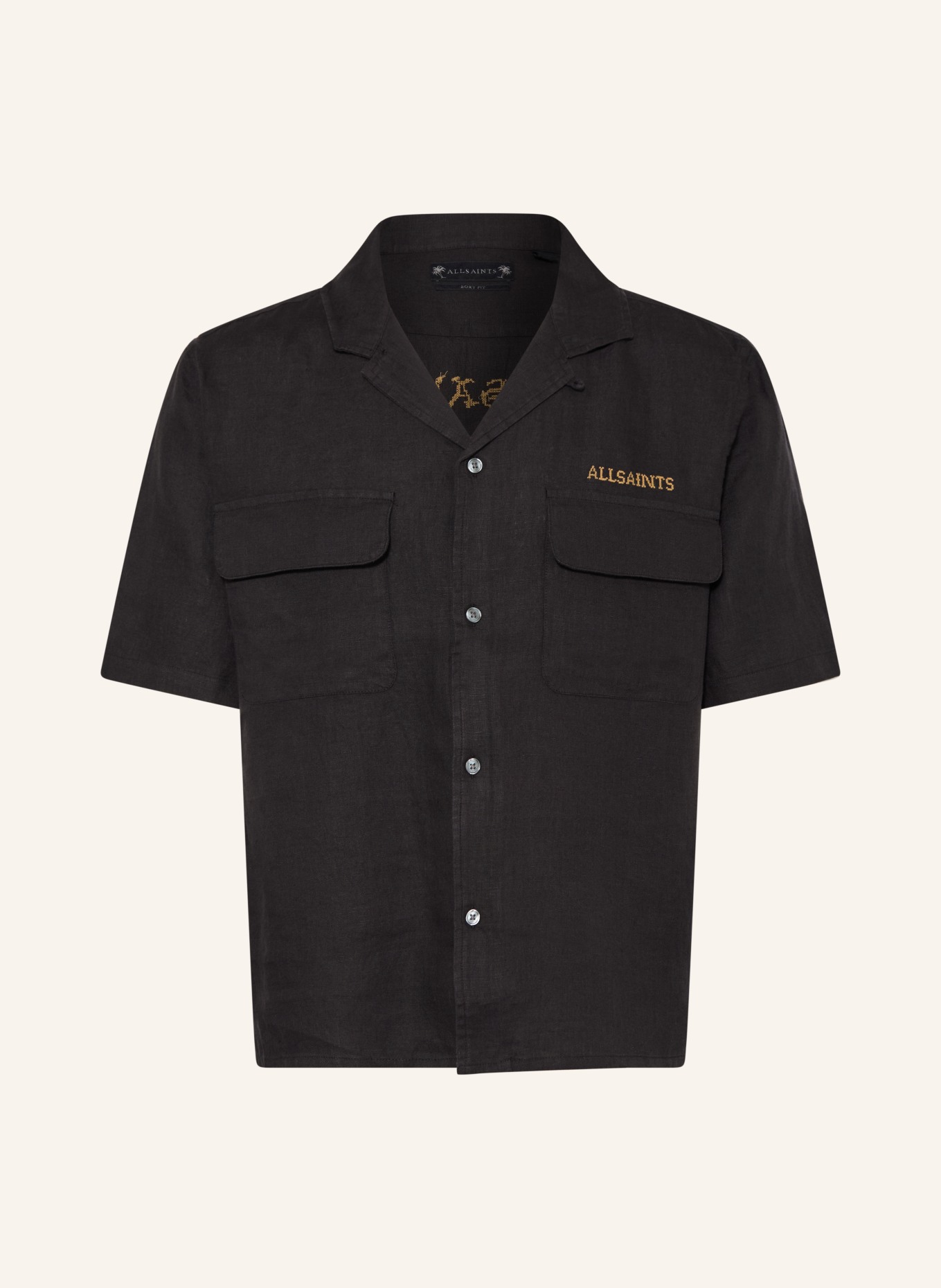 ALLSAINTS Resorthemd DUNLOE Boxy Fit aus Leinen: SCHWARZ / CAMEL