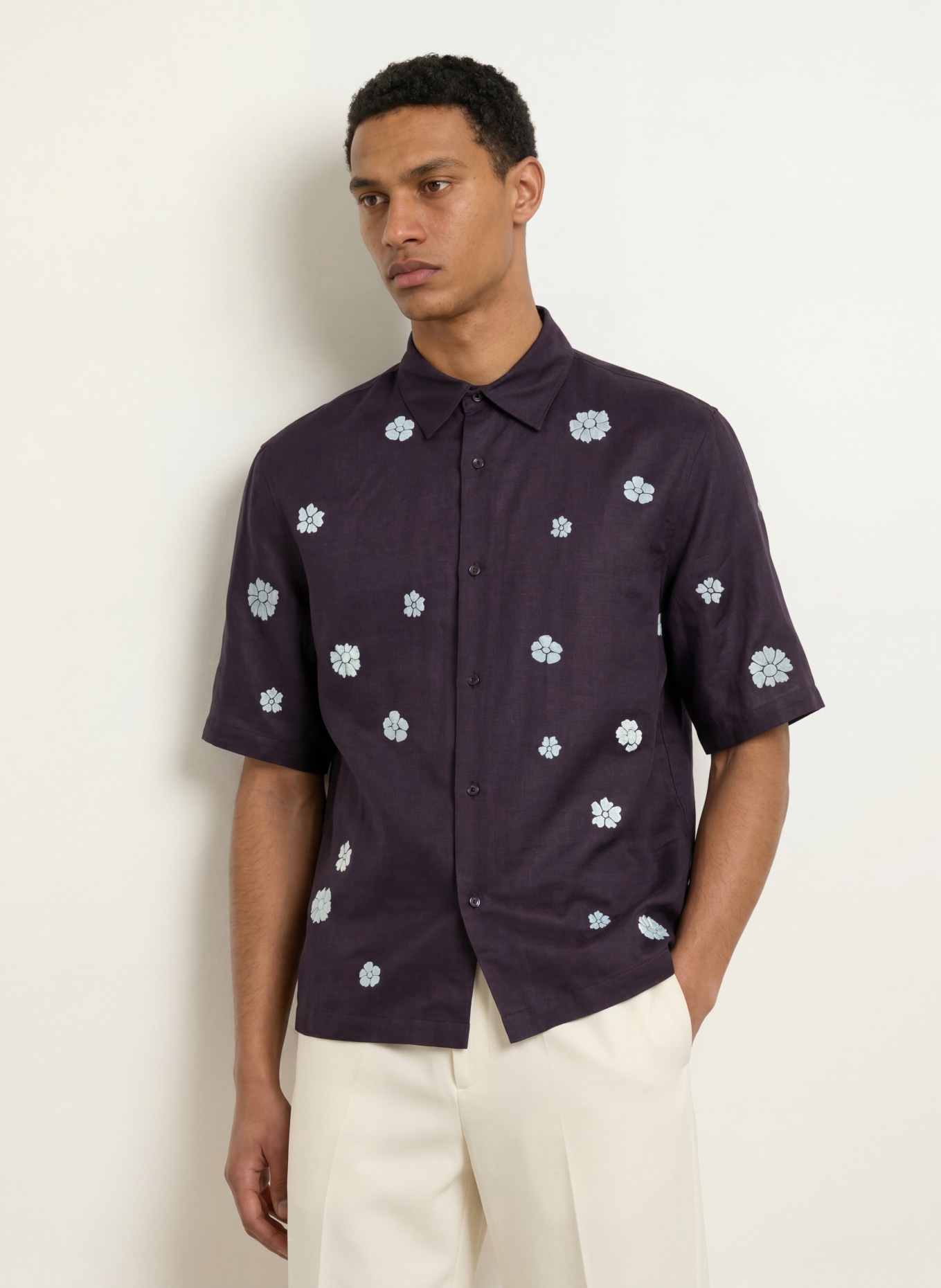 SANDRO Kurzarm-Hemd Regular Fit mit Leinen: DUNKELBLAU / WEISS