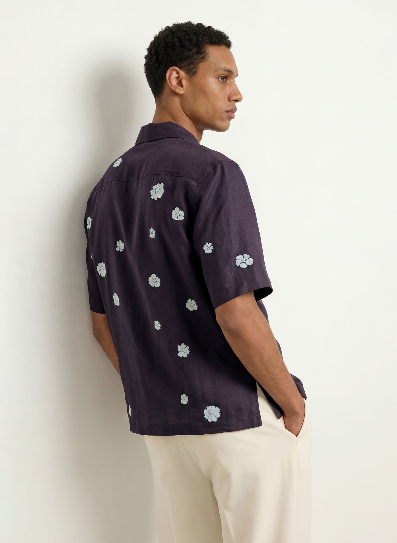 SANDRO Kurzarm-Hemd Regular Fit mit Leinen: DUNKELBLAU / WEISS