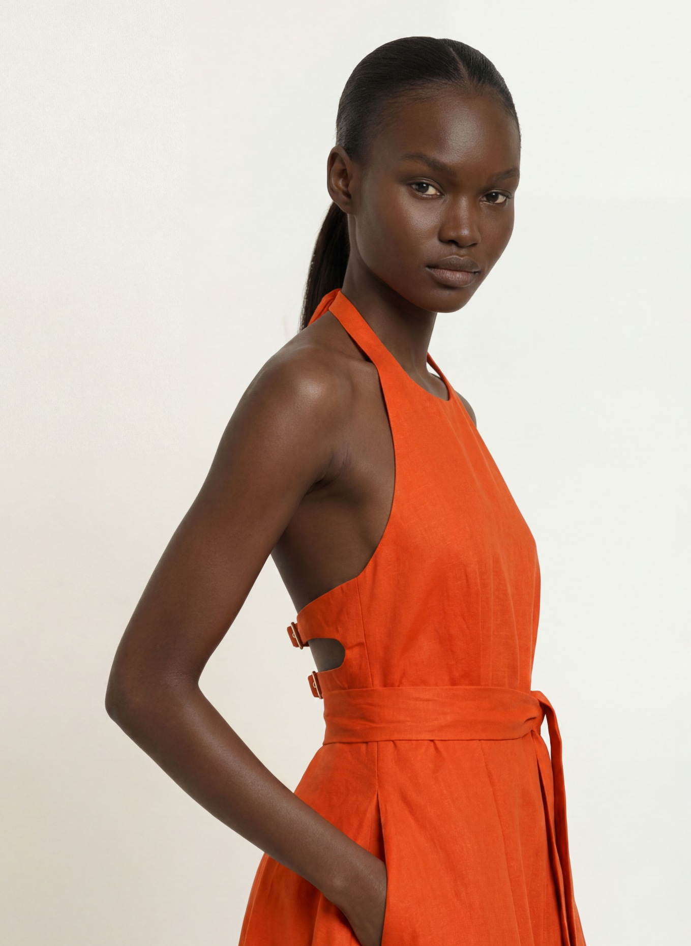 REISS PAULES linen dress with cutouts: DARK ORANGE