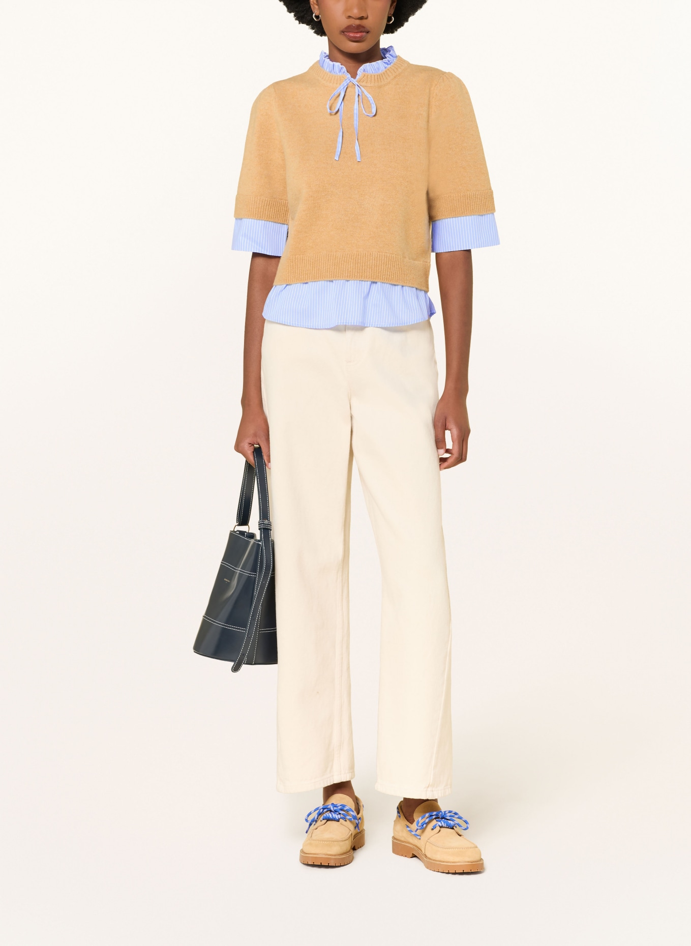 CLAUDIE PIERLOT Strickshirt im Materialmix: CAMEL / HELLBLAU / WEISS