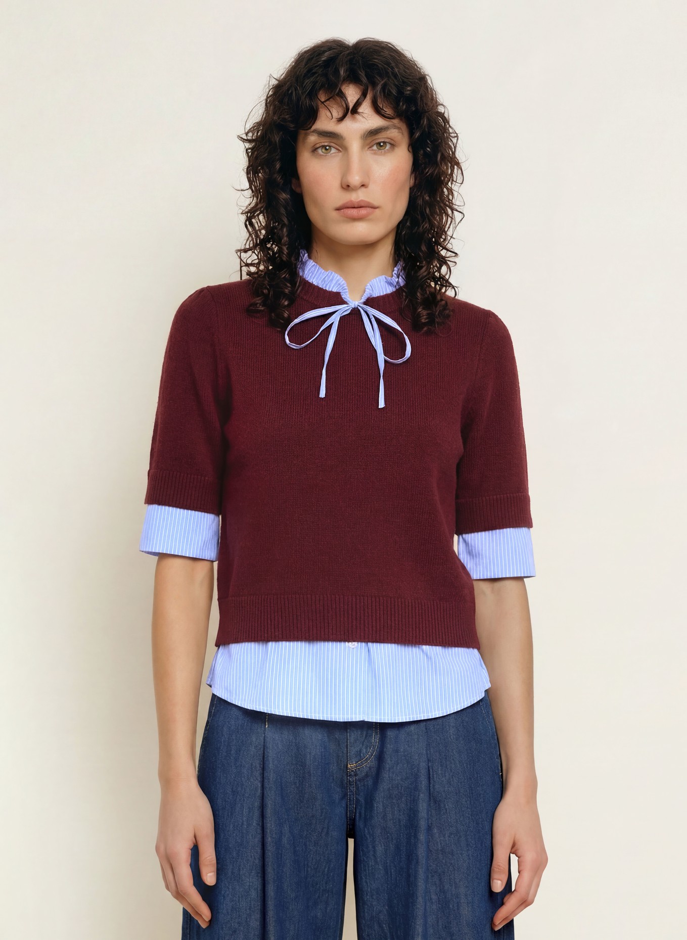 CLAUDIE PIERLOT Strickshirt im Materialmix: DUNKELROT / HELLBLAU / WEISS