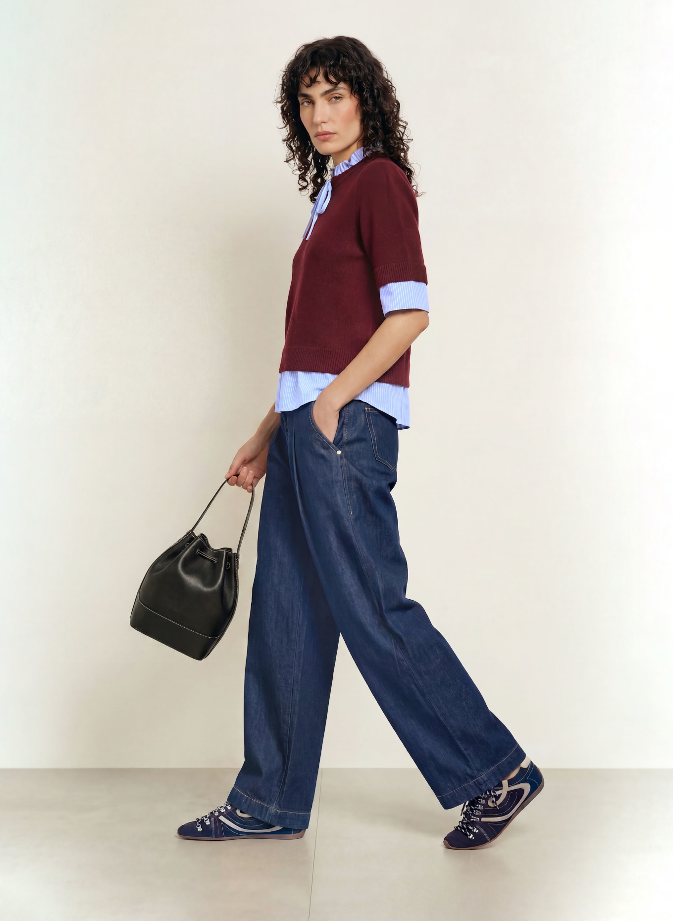 CLAUDIE PIERLOT Strickshirt im Materialmix: DUNKELROT / HELLBLAU / WEISS