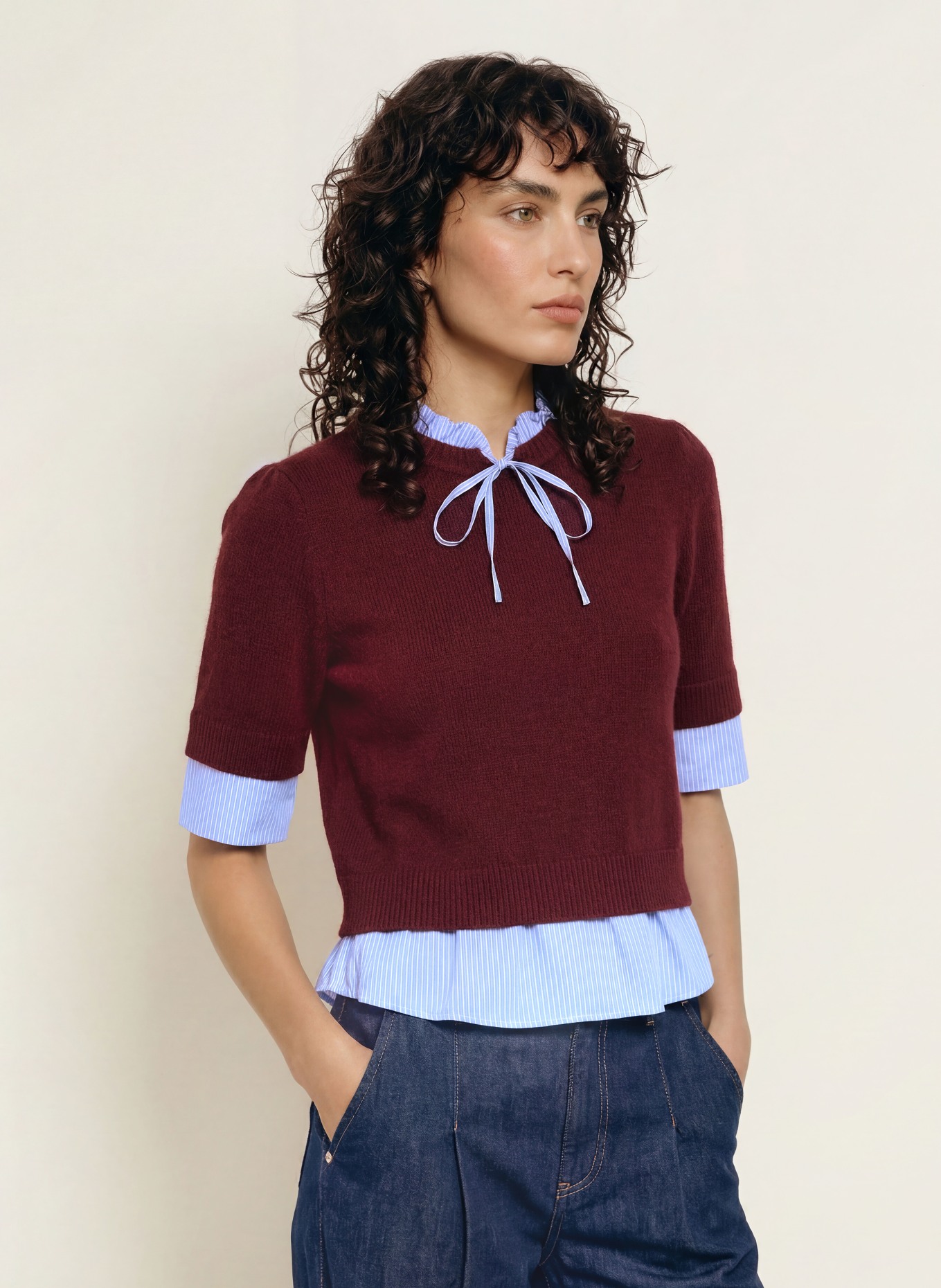 CLAUDIE PIERLOT Strickshirt im Materialmix: DUNKELROT / HELLBLAU / WEISS