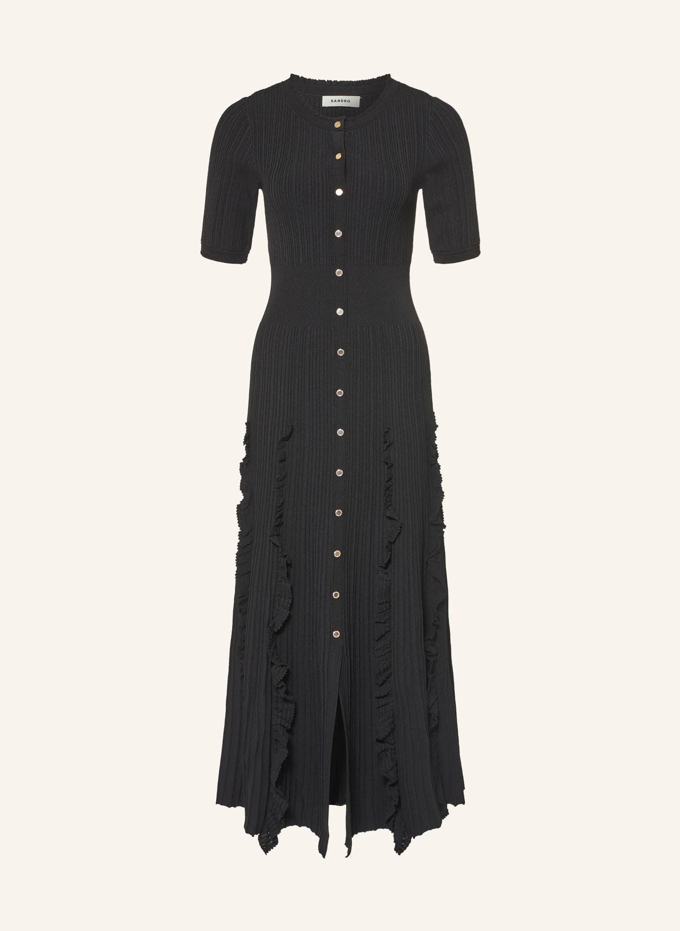 SANDRO Strickkleid mit Rüschen: SCHWARZ