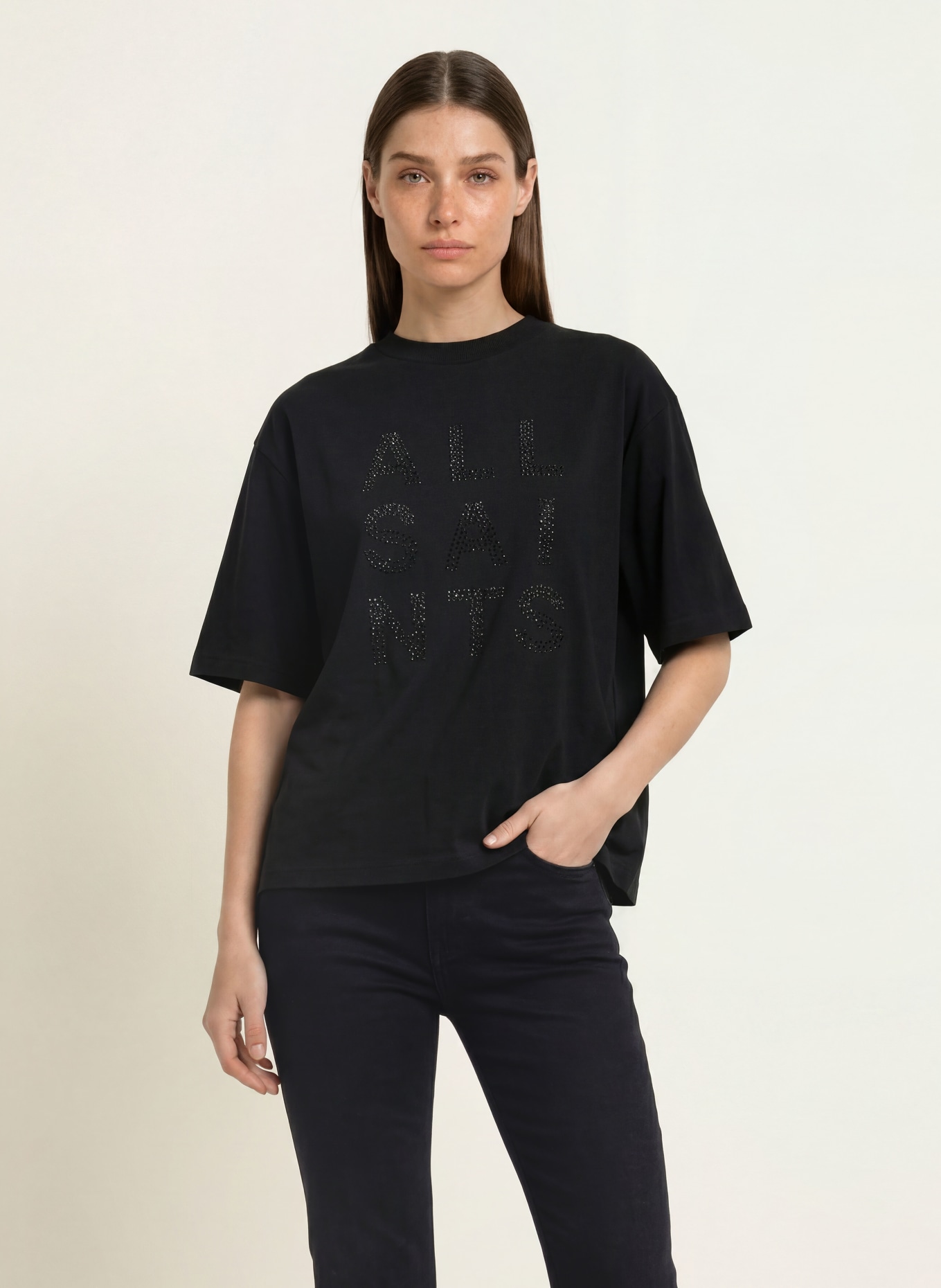 ALLSAINTS T-shirt STACKS AMELIE avec strass: NOIR