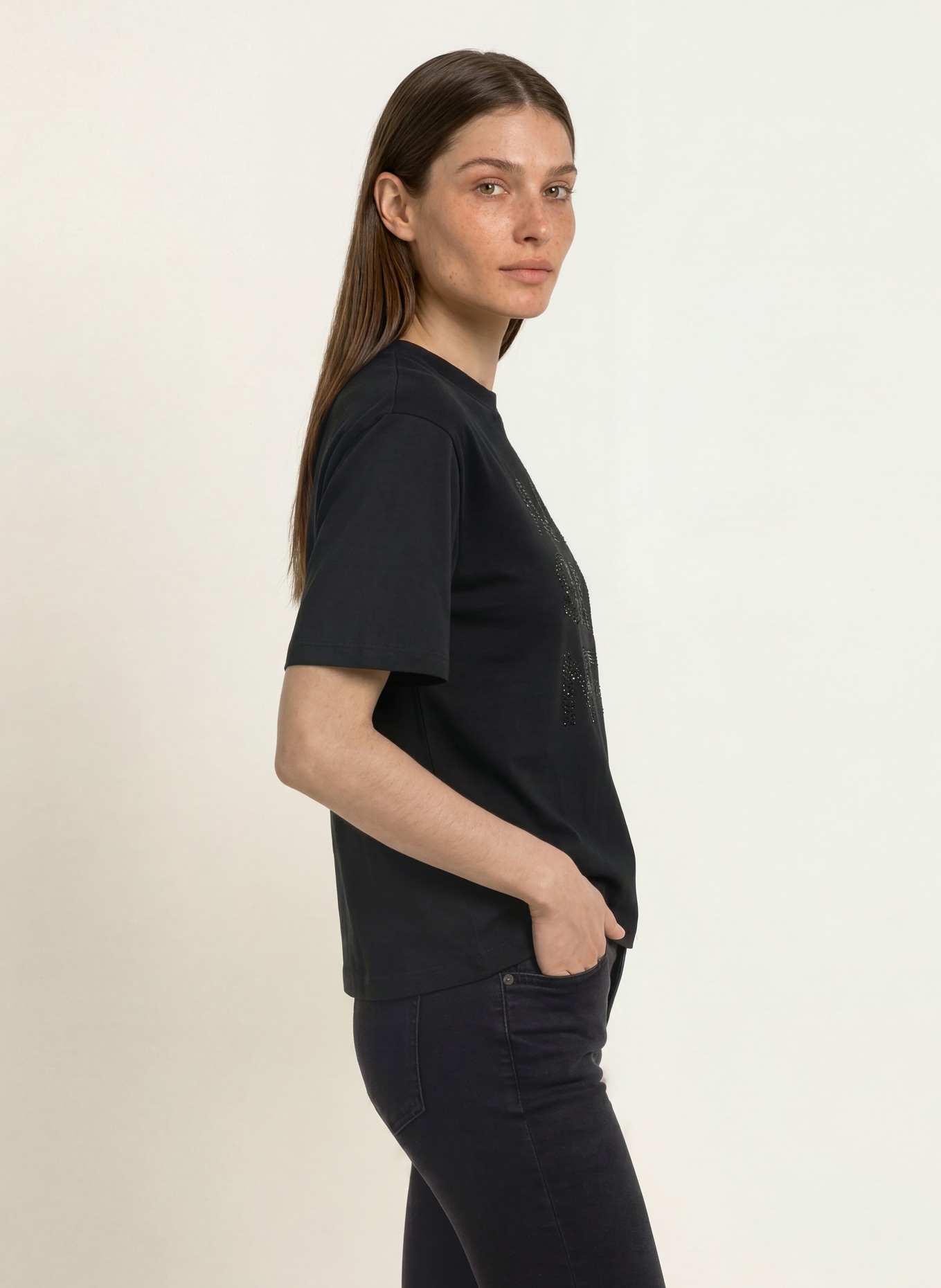 ALLSAINTS T-shirt STACKS AMELIE avec strass: NOIR
