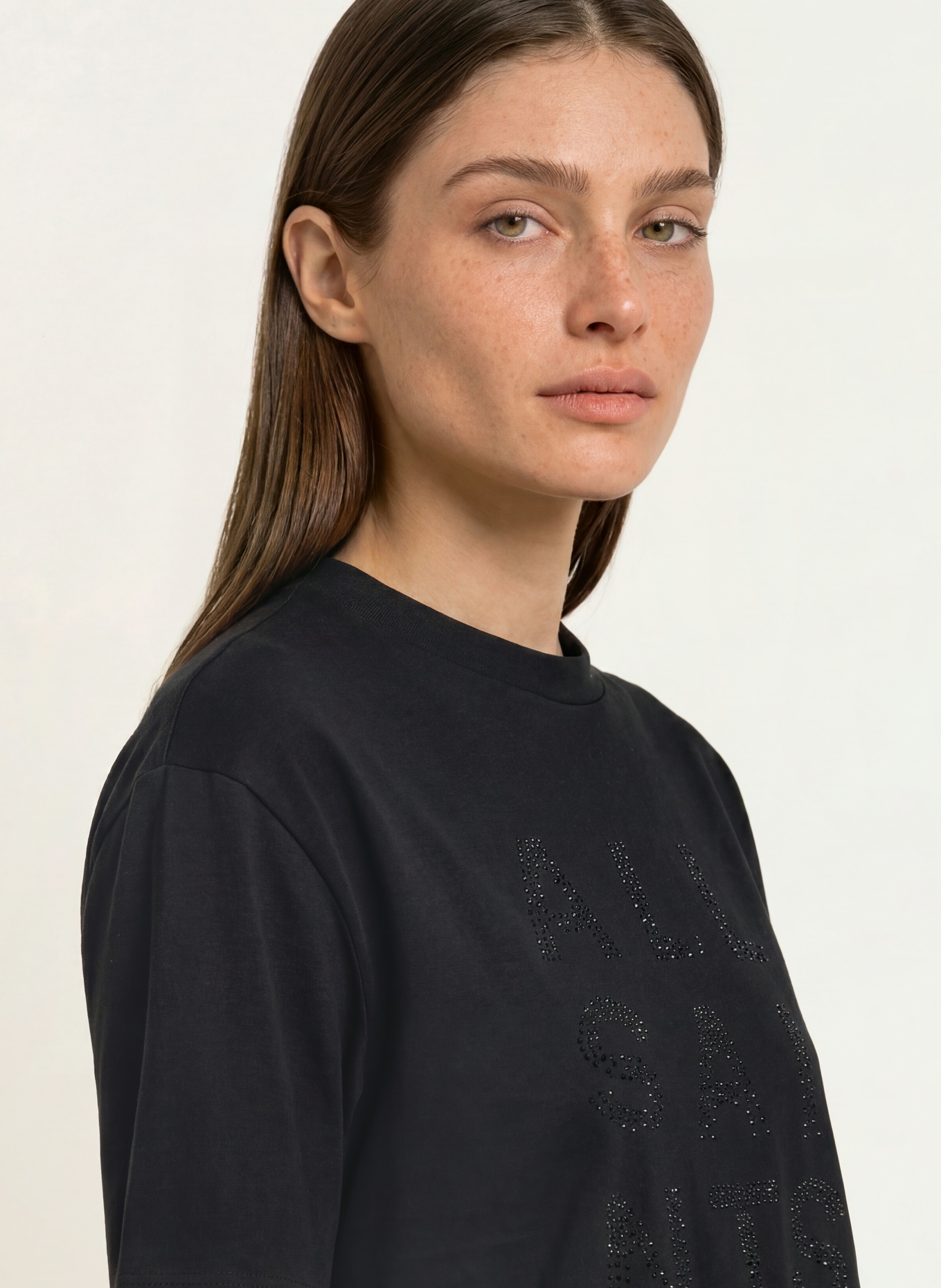 ALLSAINTS T-shirt STACKS AMELIE avec strass: NOIR