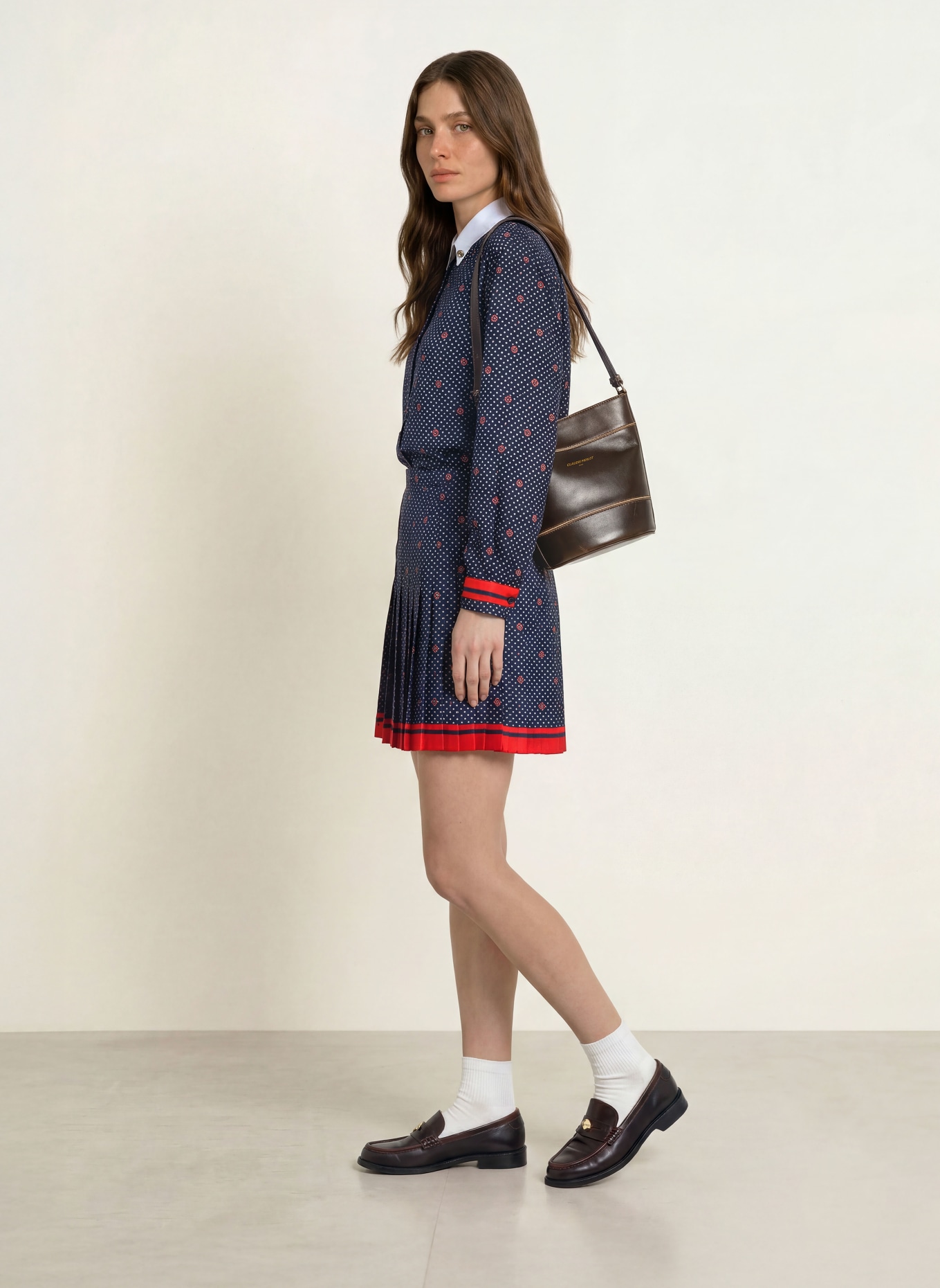 CLAUDIE PIERLOT Faltenrock: DUNKELBLAU / BEIGE / ROT