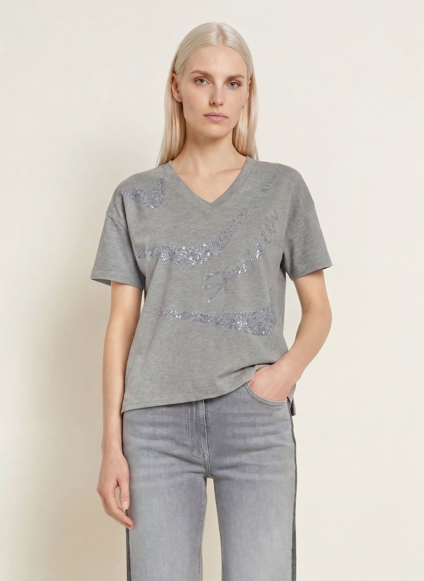 SPORTALM T-Shirt mit Pailletten: GRAU