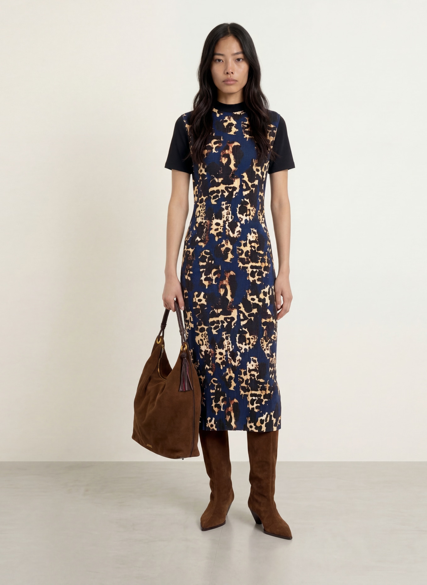SPORTALM Geplisseerde jurk van verschillende materialen: DONKERBLAUW / CAMEL / ZWART