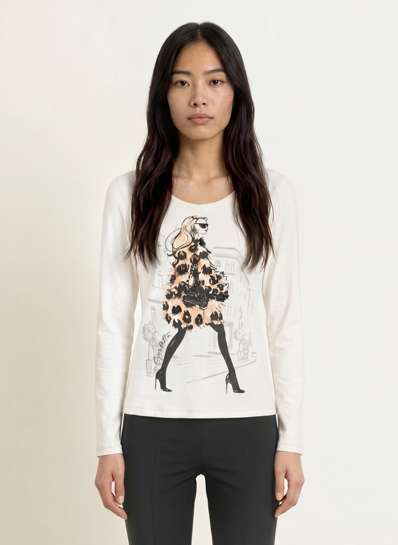 SPORTALM Longsleeve met pailletten: WIT / CAMEL / ZWART