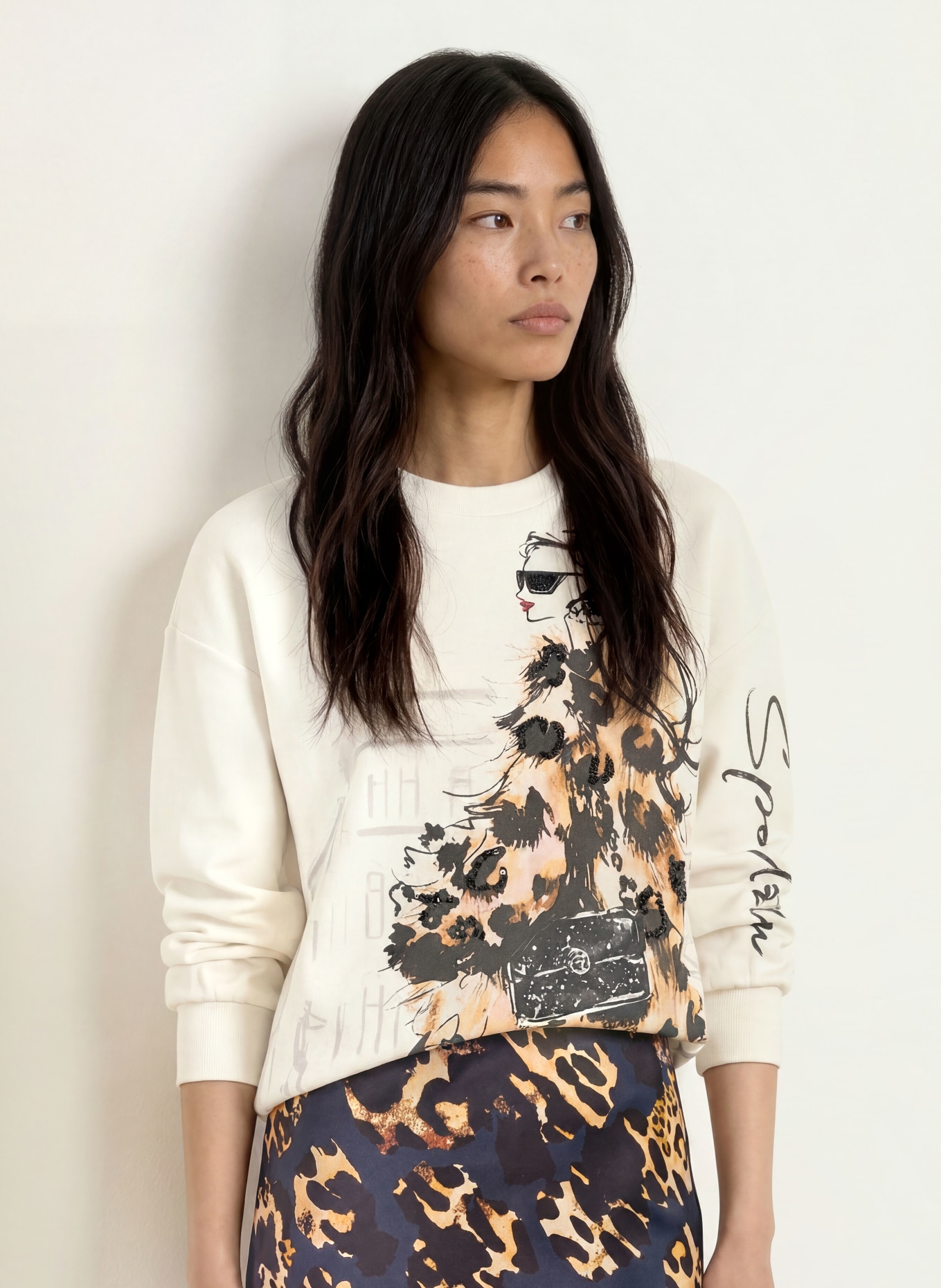SPORTALM Sweatshirt met pailletten: CRÈME / COGNAC / MARRON FONCÉ