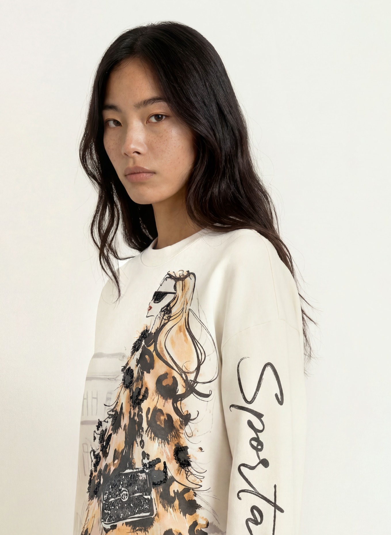 SPORTALM Sweatshirt met pailletten: CRÈME / COGNAC / MARRON FONCÉ
