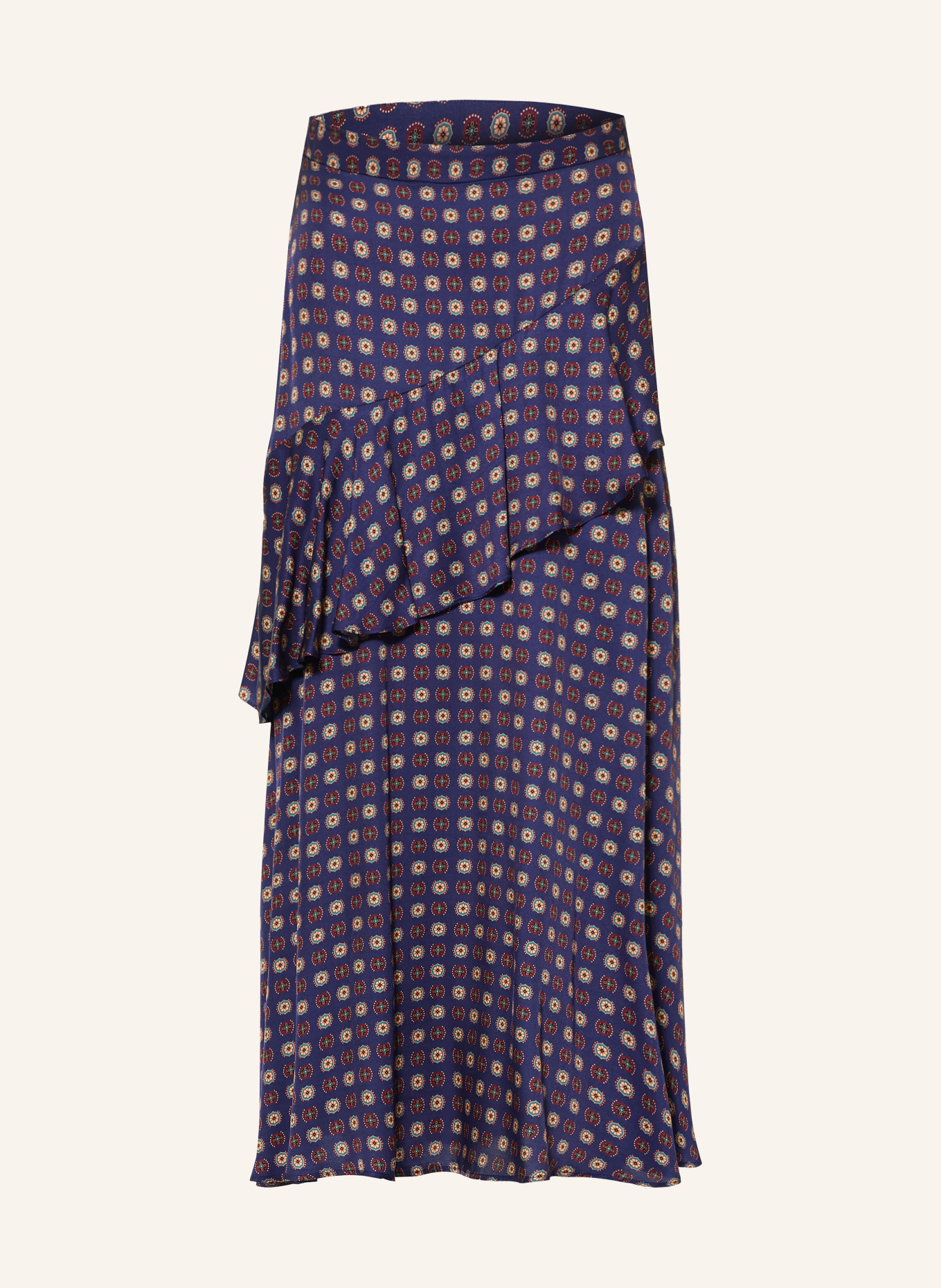 CLAUDIE PIERLOT Satinrock mit Volants: DUNKELBLAU / BEIGE / DUNKELROT