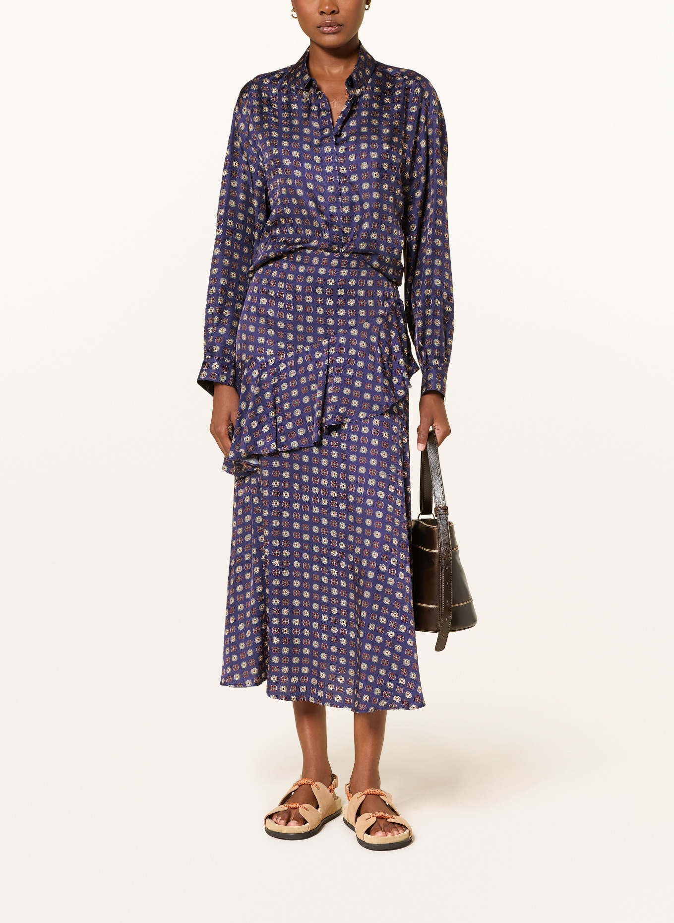 CLAUDIE PIERLOT Satinrock mit Volants: DUNKELBLAU / BEIGE / DUNKELROT