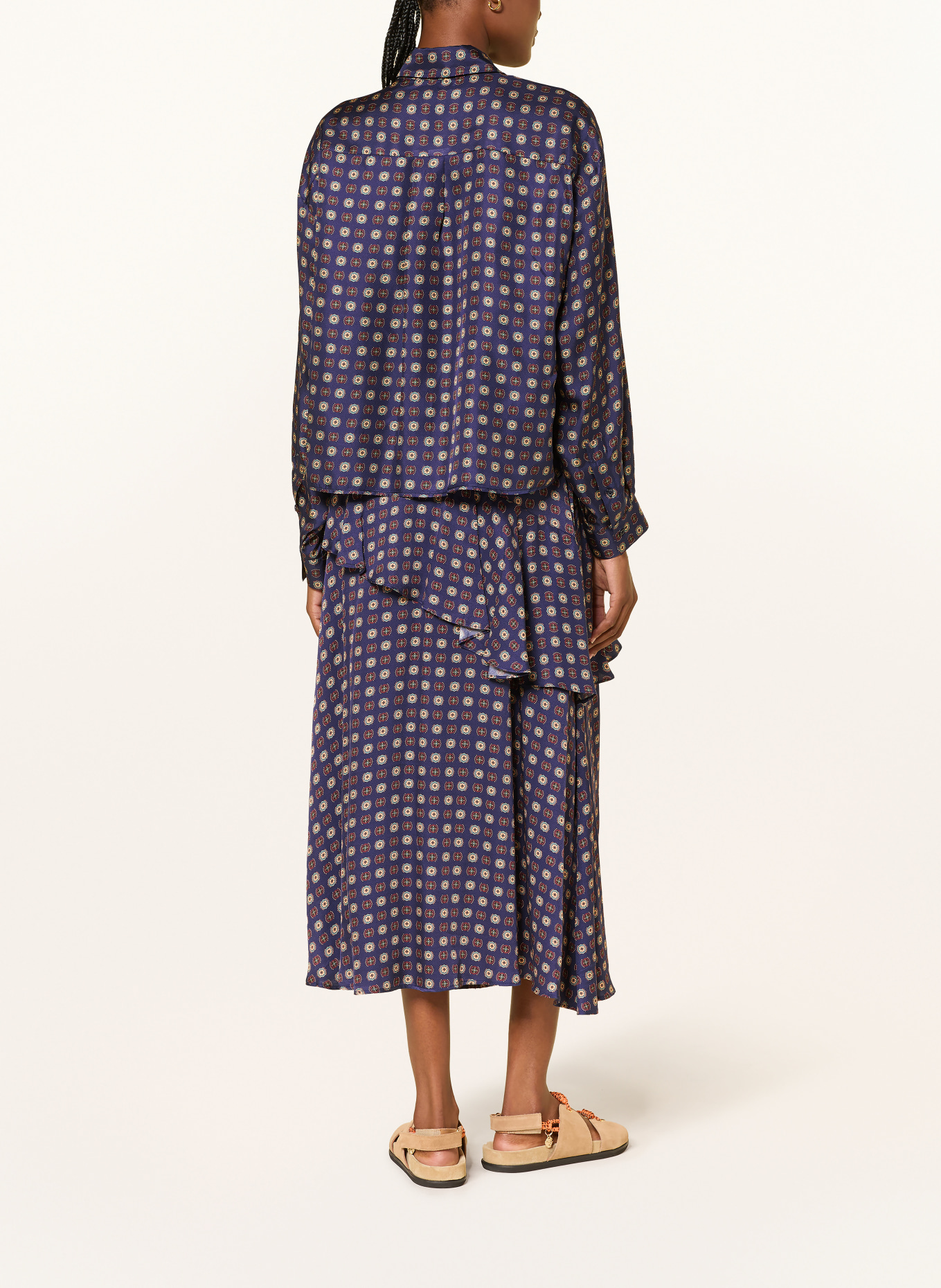 CLAUDIE PIERLOT Satinrock mit Volants: DUNKELBLAU / BEIGE / DUNKELROT