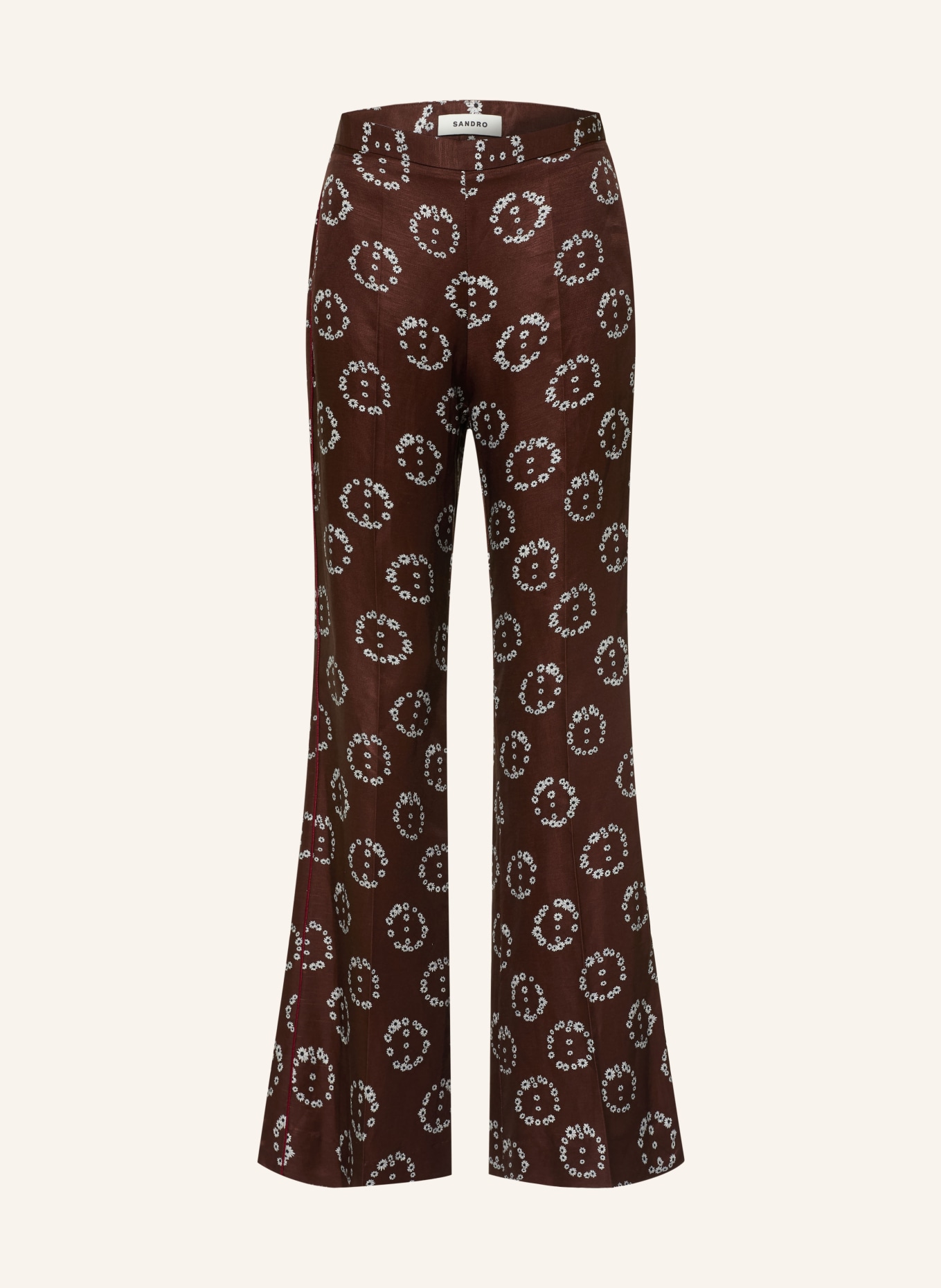 SANDRO Spodnie bootcut: CIEMNOBRĄZOWY / BIAŁY