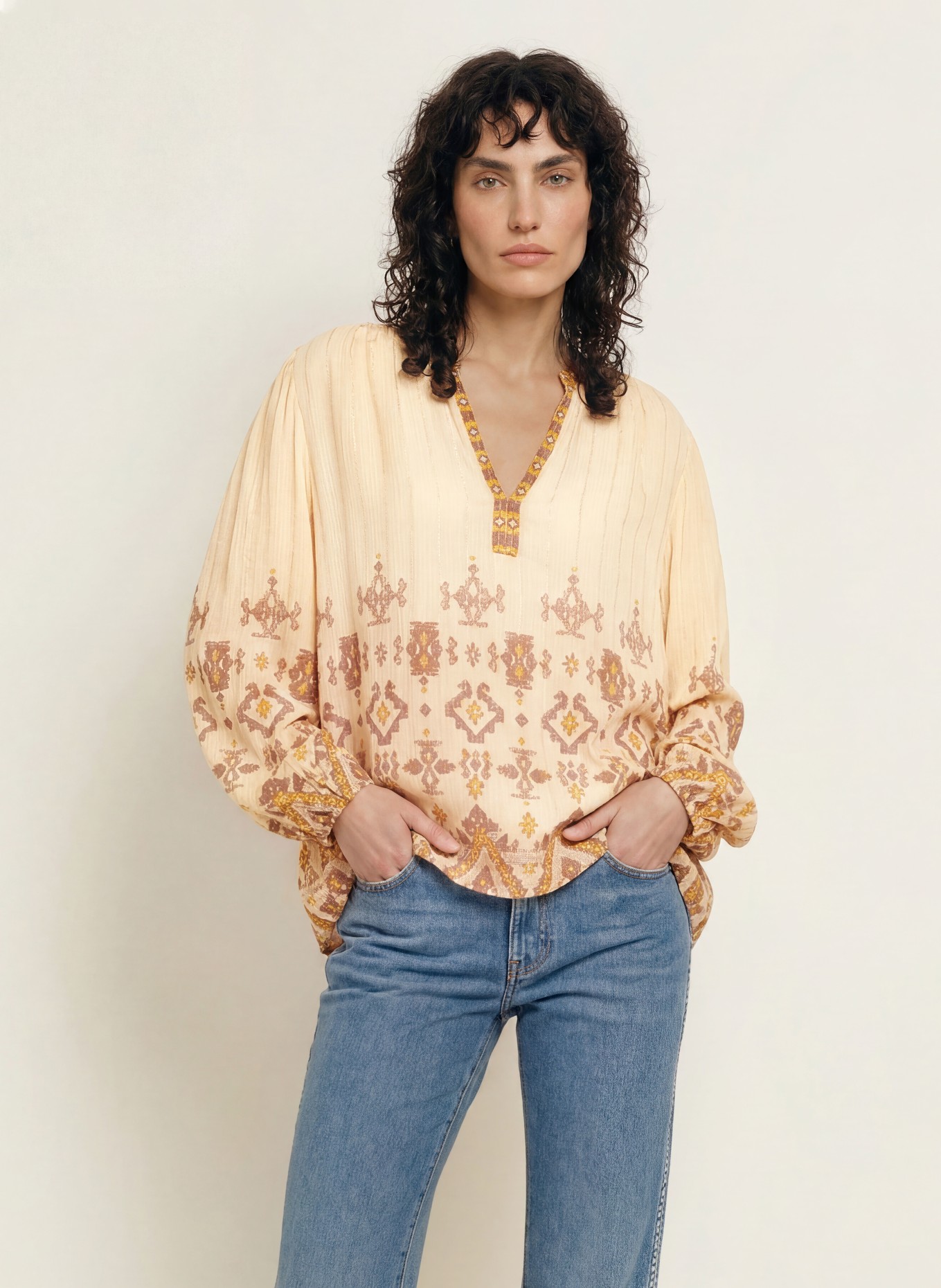 ba&sh Blusenshirt ZATO mit Glitzergarn: HELLGELB / HELLBRAUN / DUNKELGELB