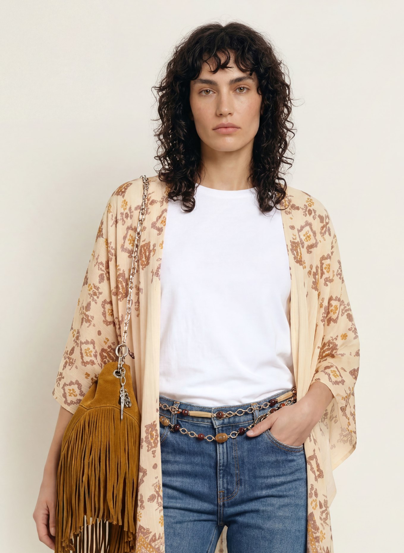 ba&sh Poncho ZELMA mit Glitzergarn und 3/4-Arm: HELLGELB / BRAUN / DUNKELGELB