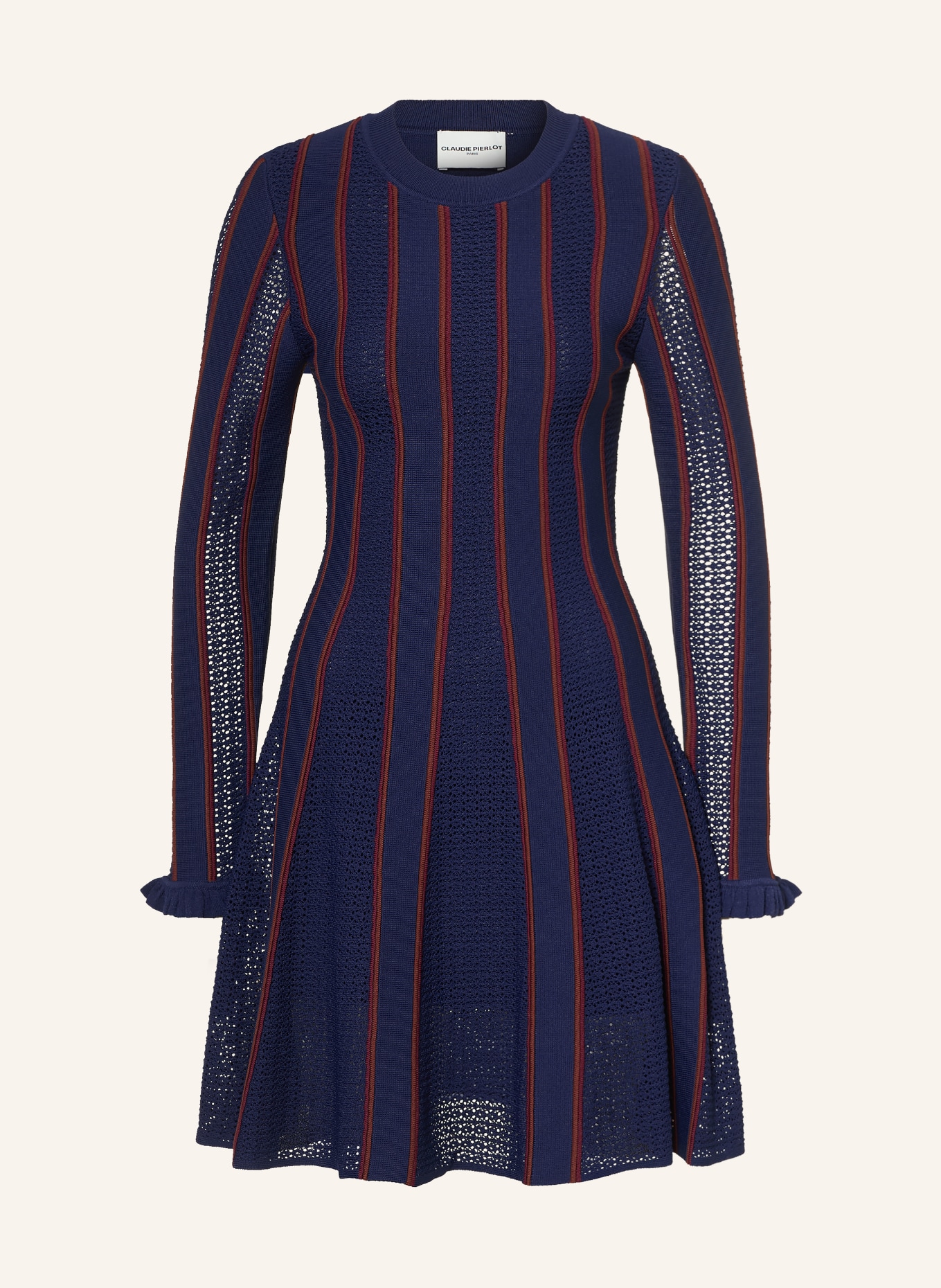 CLAUDIE PIERLOT Strickkleid mit Rüschen: BLAU / BRAUN / DUNKELROT