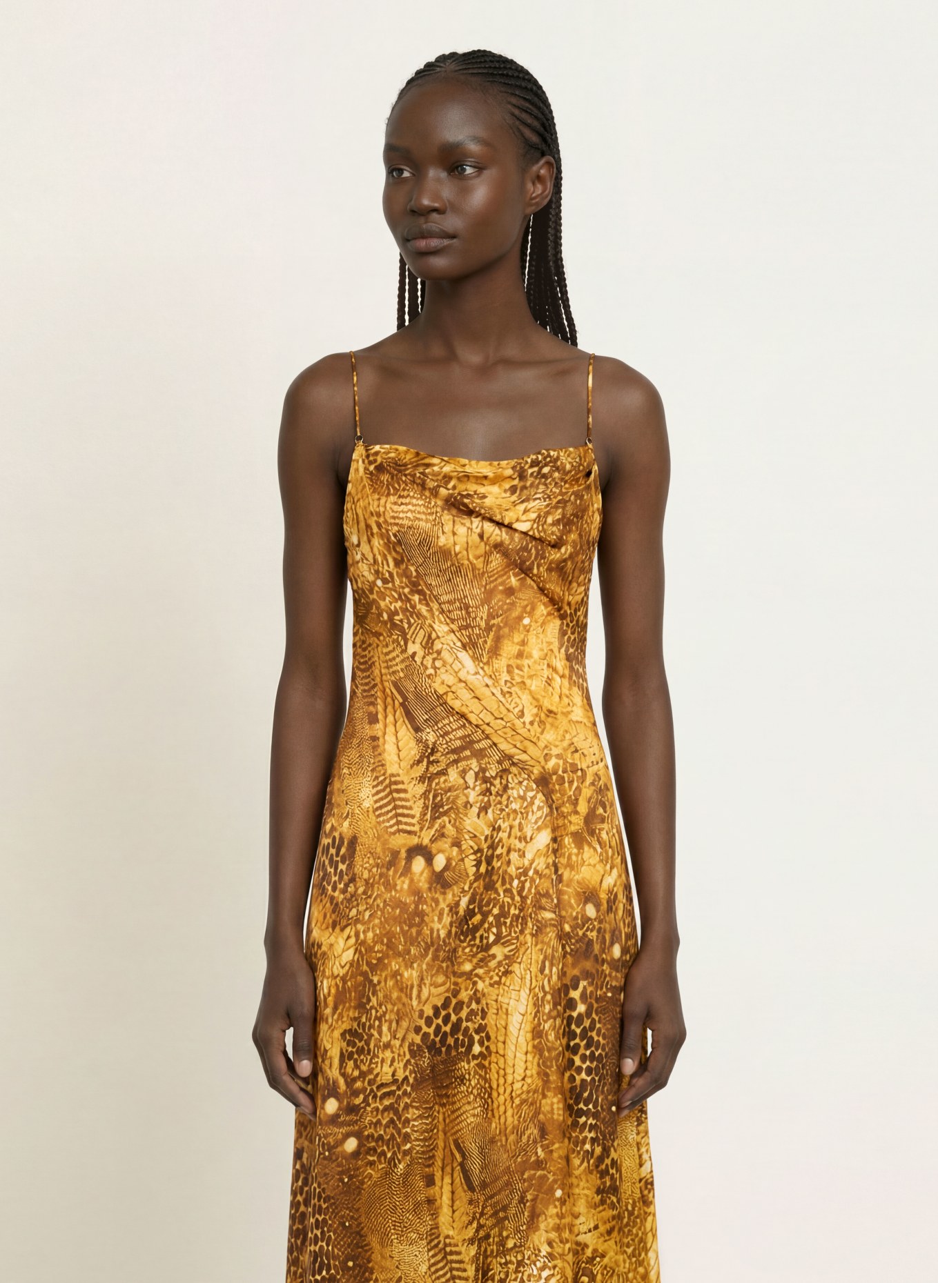 ALLSAINTS Robe CLAIRE en satin et soie: OR / COGNAC / MARRON FONCÉ