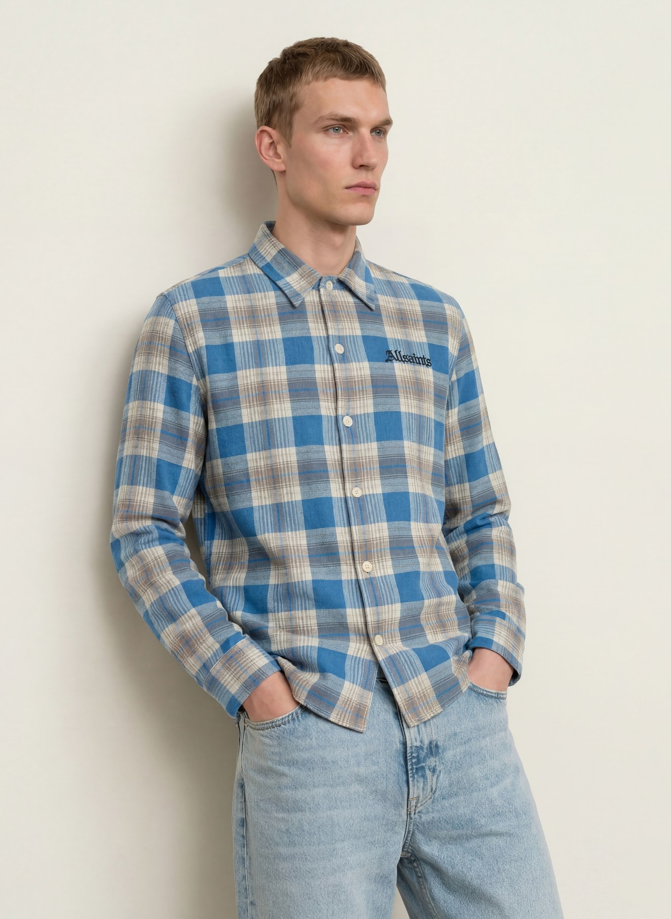 ALLSAINTS Overhemd ALTA Relaxed Fit: BLAUW / GRIJS / ZWART