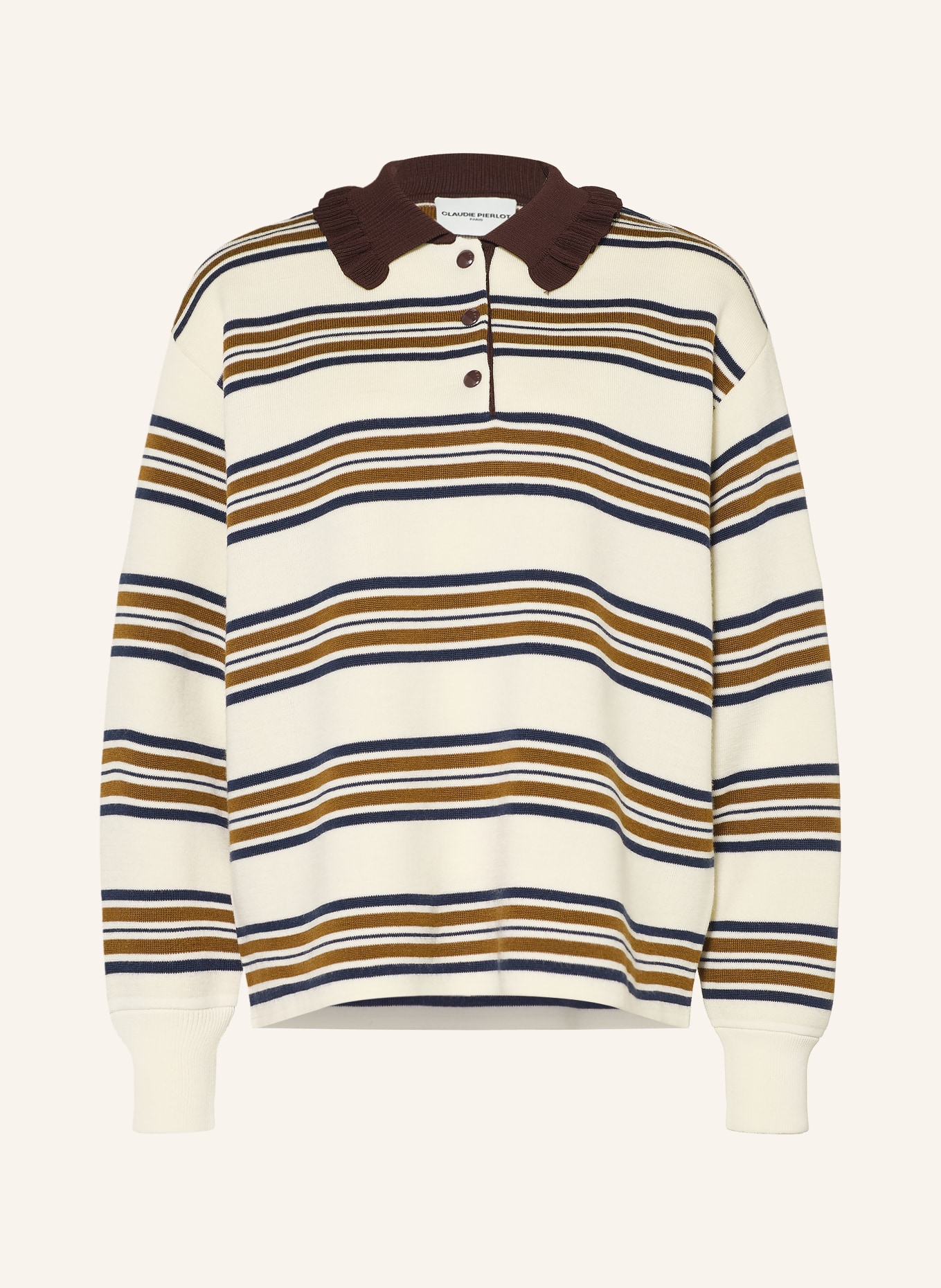 CLAUDIE PIERLOT Pullover mit Rüschen: CREME / DUNKELBRAUN / DUNKELBLAU