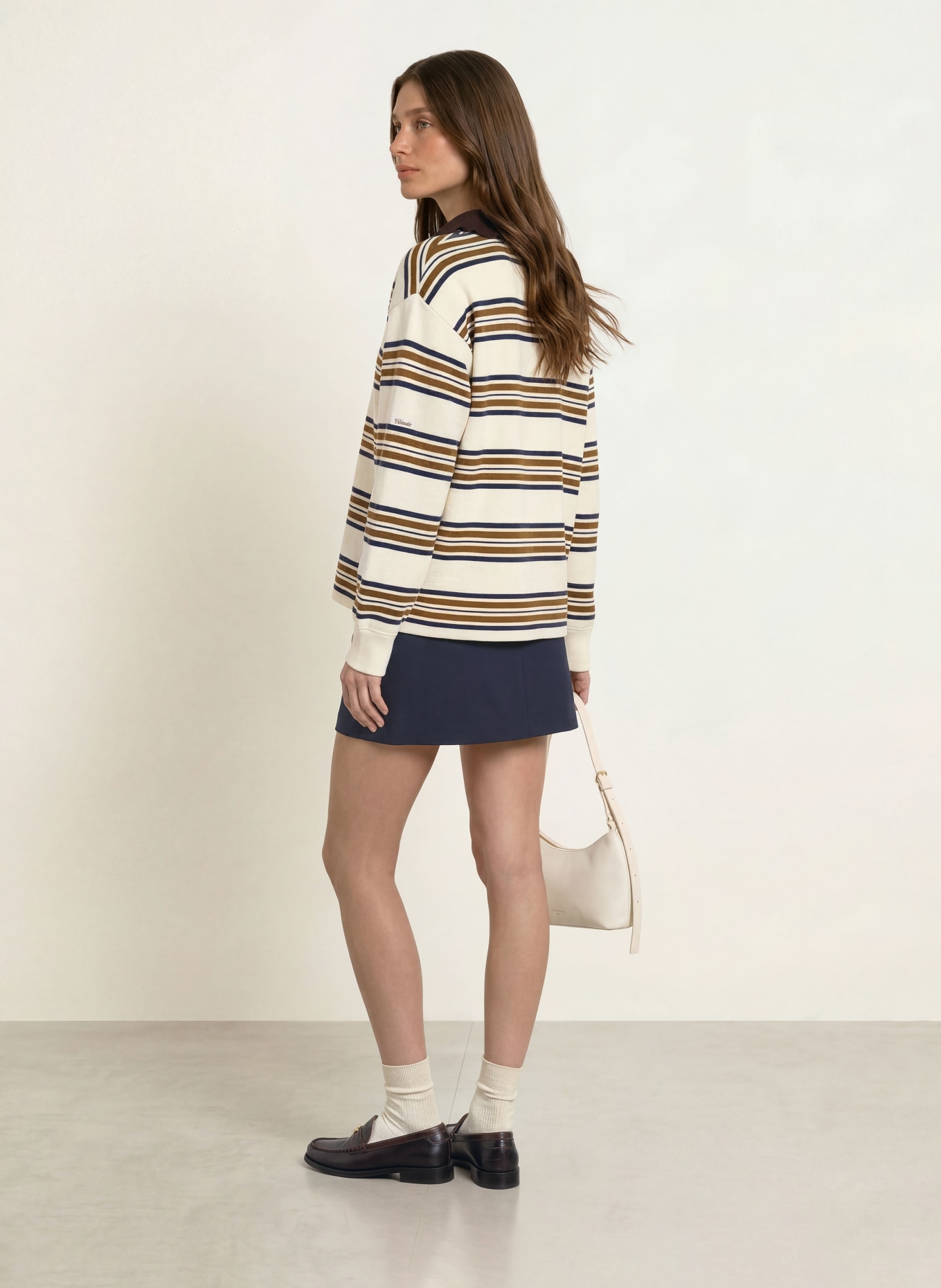 CLAUDIE PIERLOT Pullover mit Rüschen: CREME / DUNKELBRAUN / DUNKELBLAU