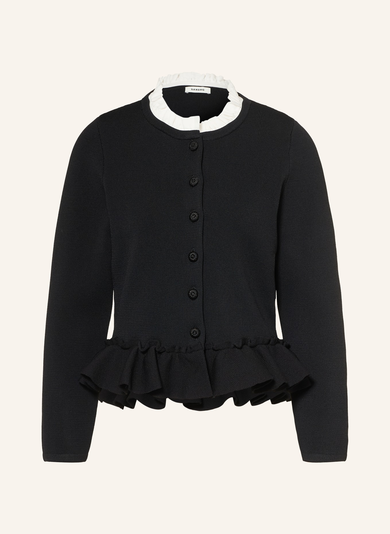 SANDRO Strickjacke mit abnehmbarem Kragen und Rüschen: SCHWARZ / WEISS