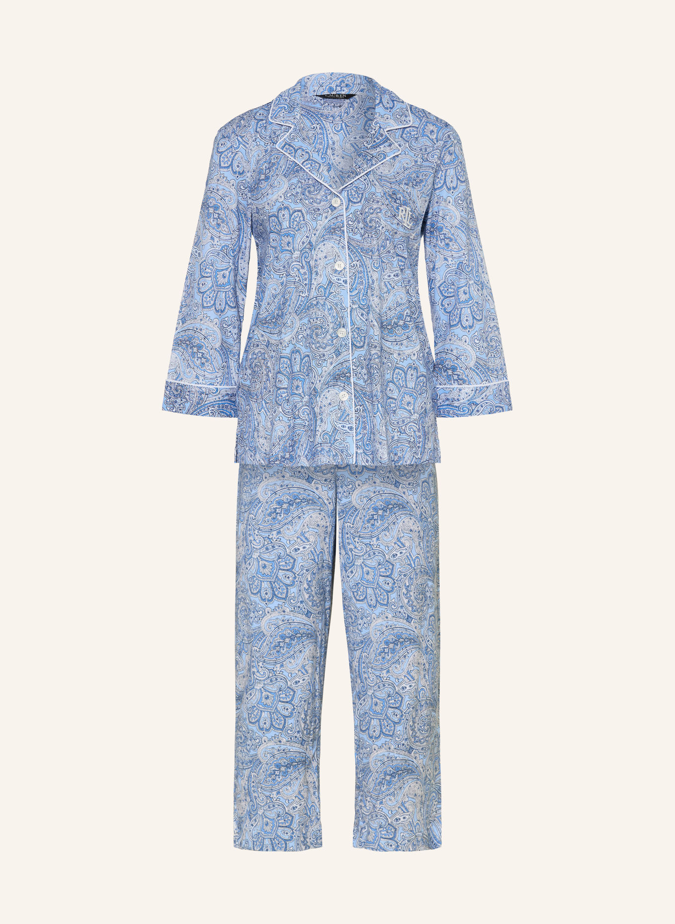 LAUREN RALPH LAUREN 3/4-Schlafanzug: BLAU / HELLBLAU / WEISS