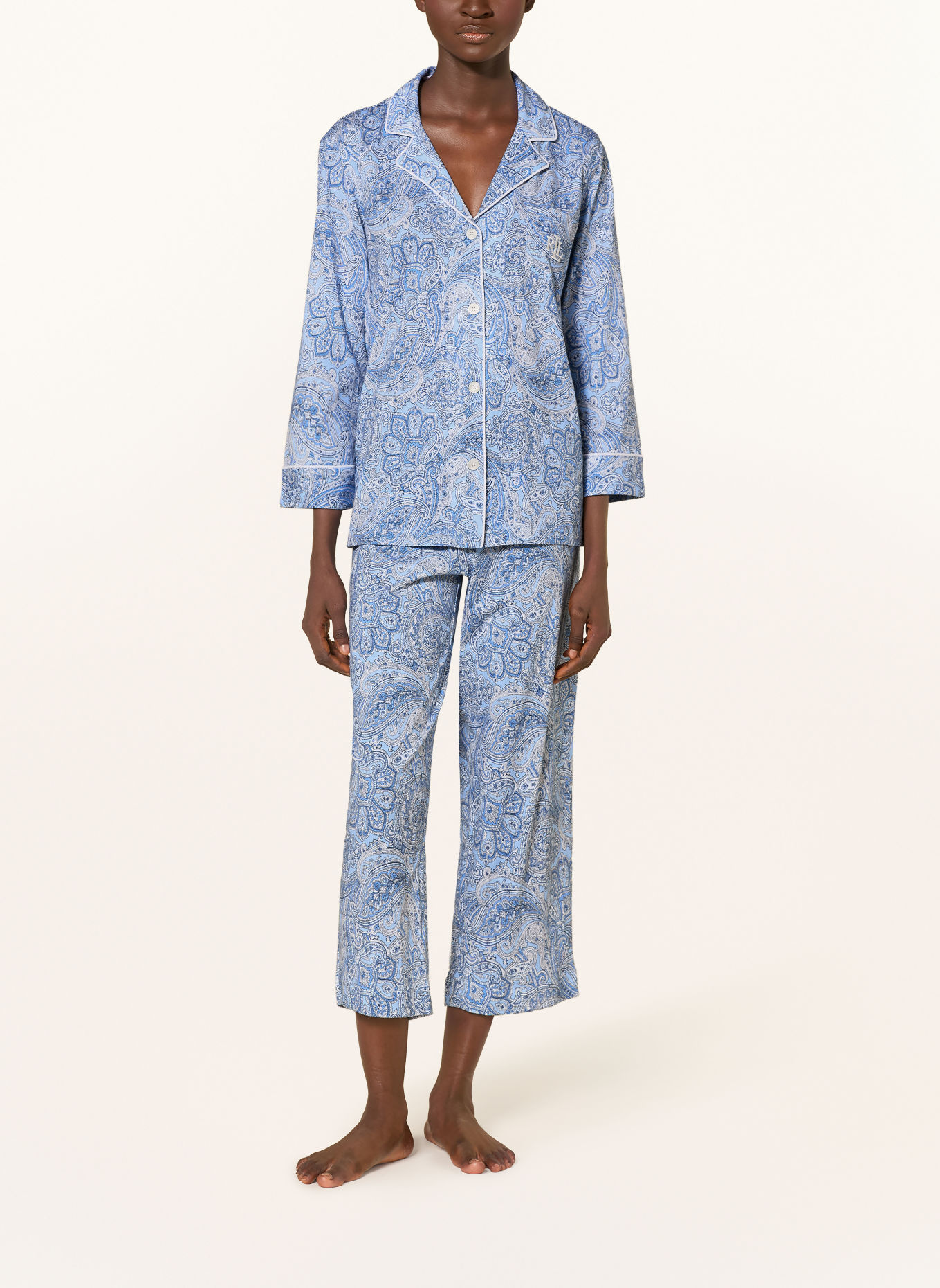 LAUREN RALPH LAUREN 3/4-Schlafanzug: BLAU / HELLBLAU / WEISS