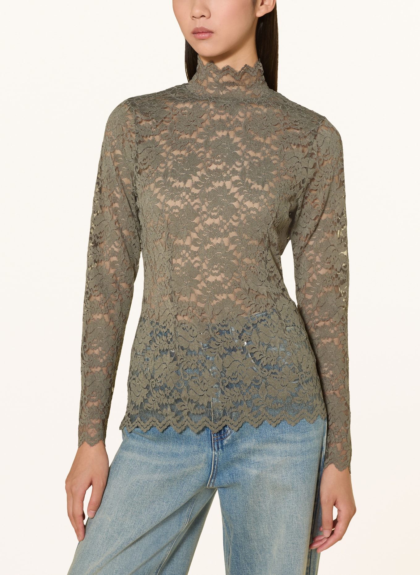 NEO NOIR Longsleeve LIZA aus Spitze: KHAKI
