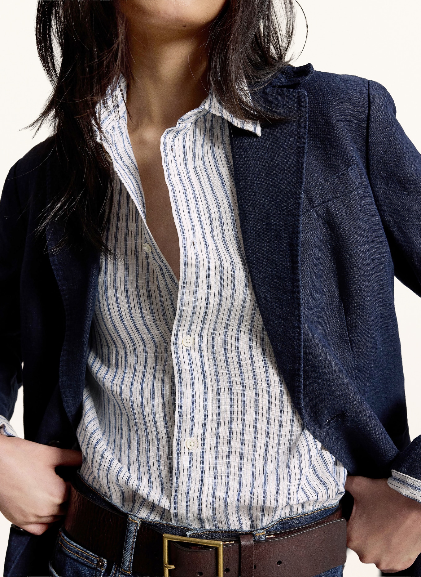 POLO RALPH LAUREN Shirt blouse made of linen: DARK BLUE / WHITE