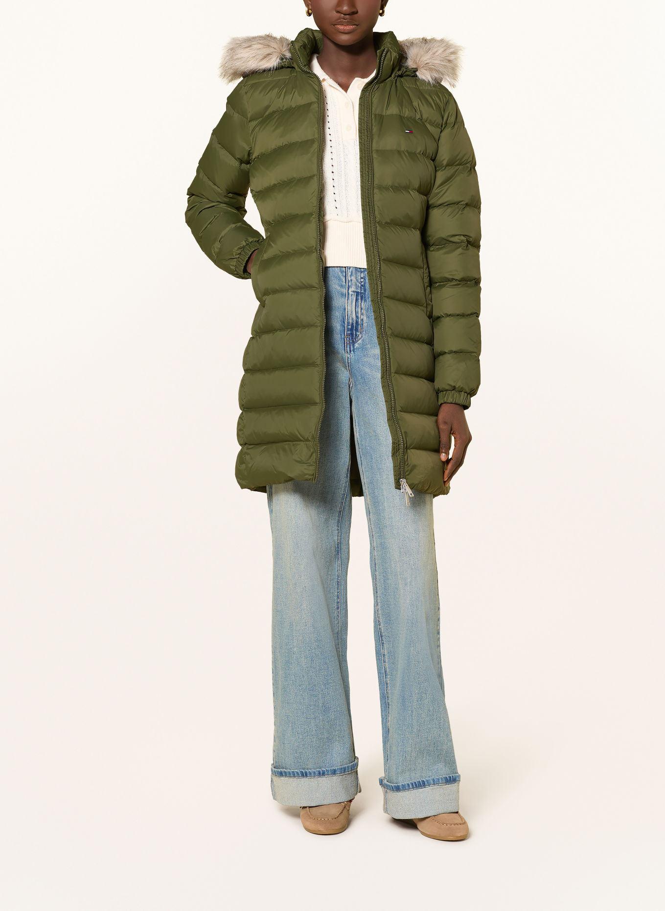 TOMMY JEANS Down coat with detachable faux fur: KHAKI / LIGHT BROWN