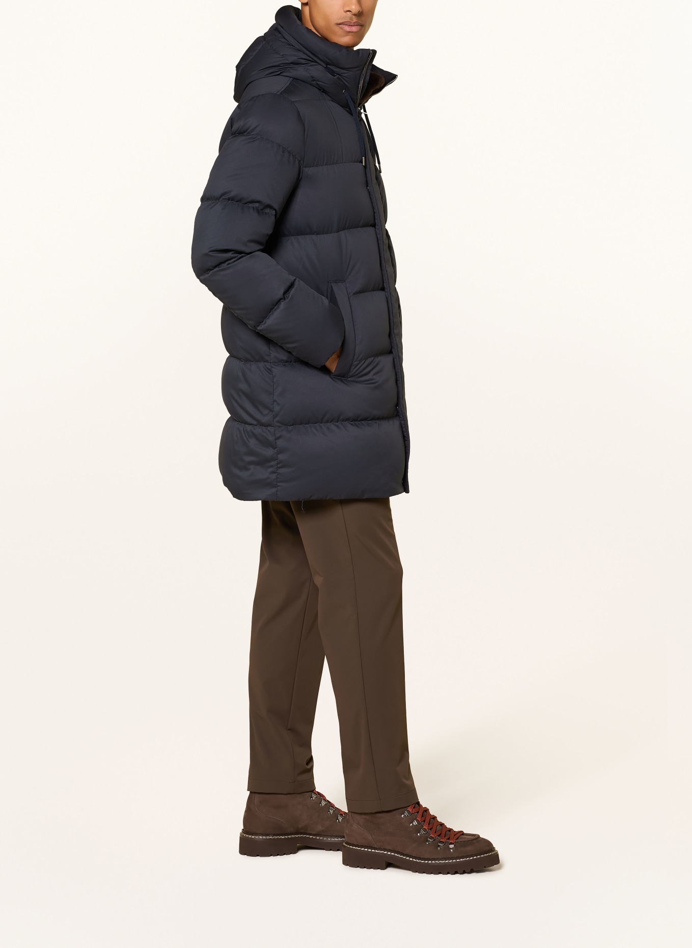 HERNO Donsjack met afneembare kunstbontkraag: DONKERBLAUW / MARRON FONCÉ