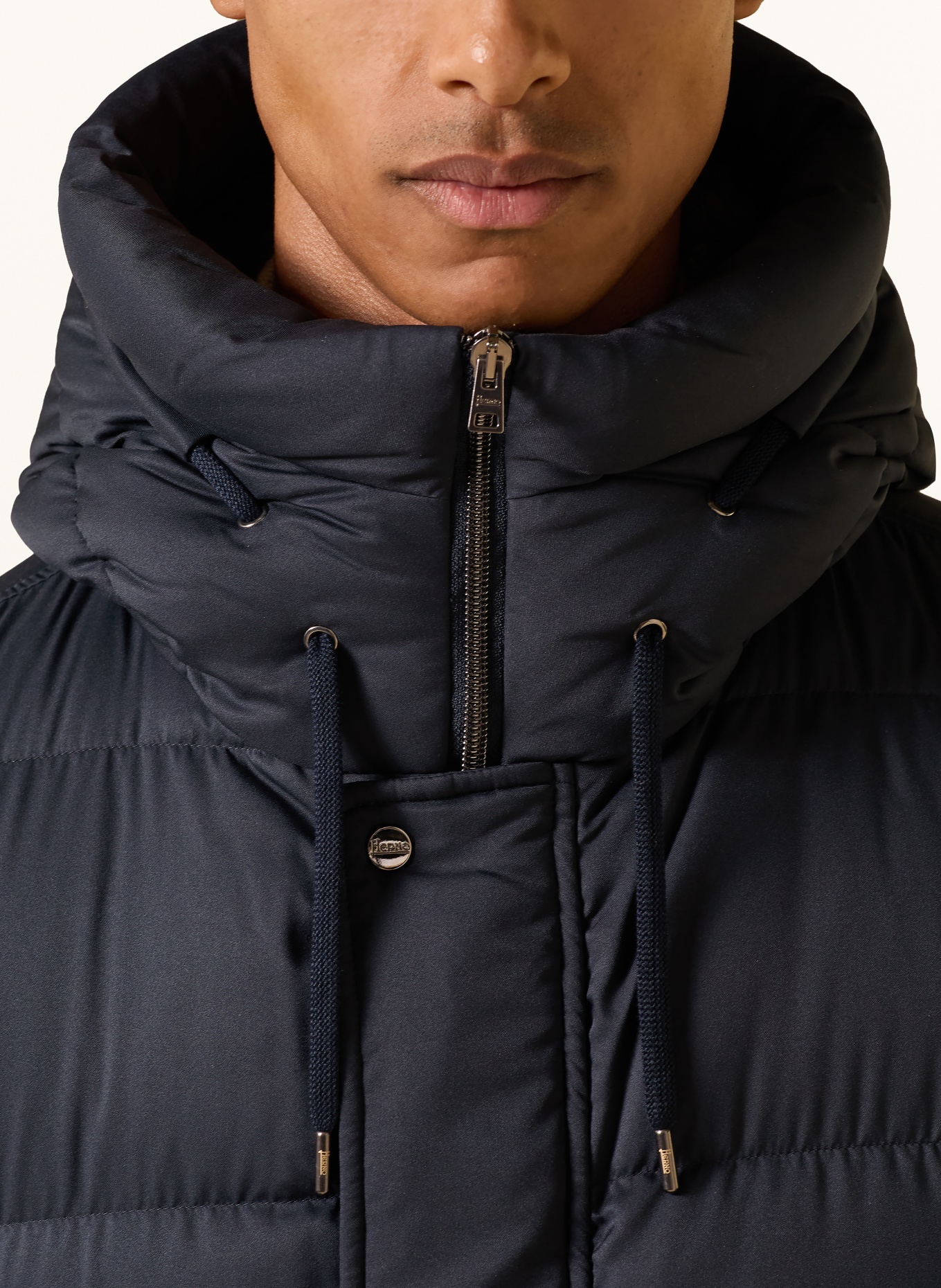 HERNO Donsjack met afneembare kunstbontkraag: DONKERBLAUW / MARRON FONCÉ