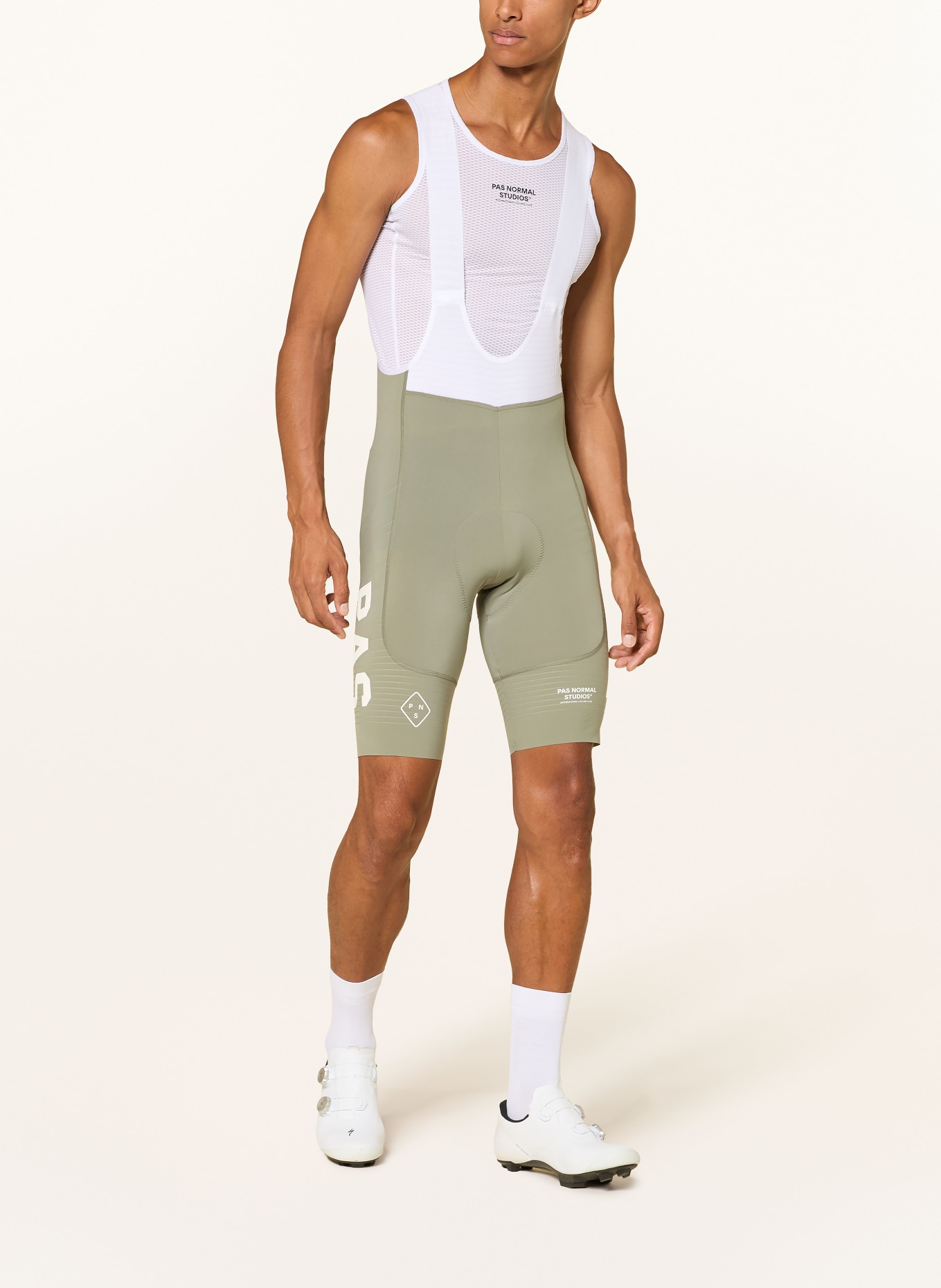 PAS NORMAL STUDIOS MECHANISM PRO BIBS cycling shorts with straps and padded insert: GRAY / WHITE