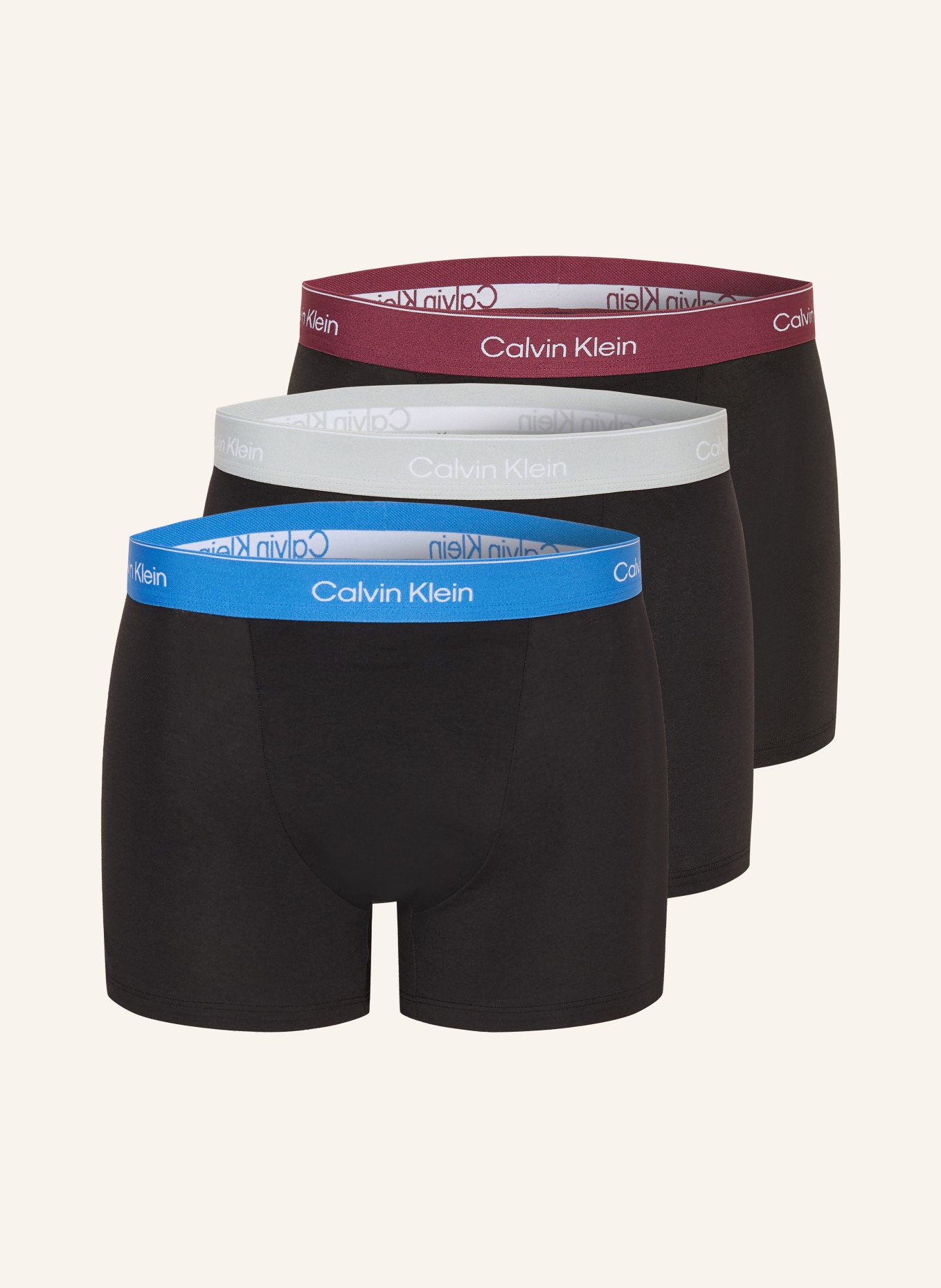 Calvin Klein 3er-Pack Boxershorts ICON COTTON Relaxed Fit: SCHWARZ / DUNKELROT / HELLBLAU
