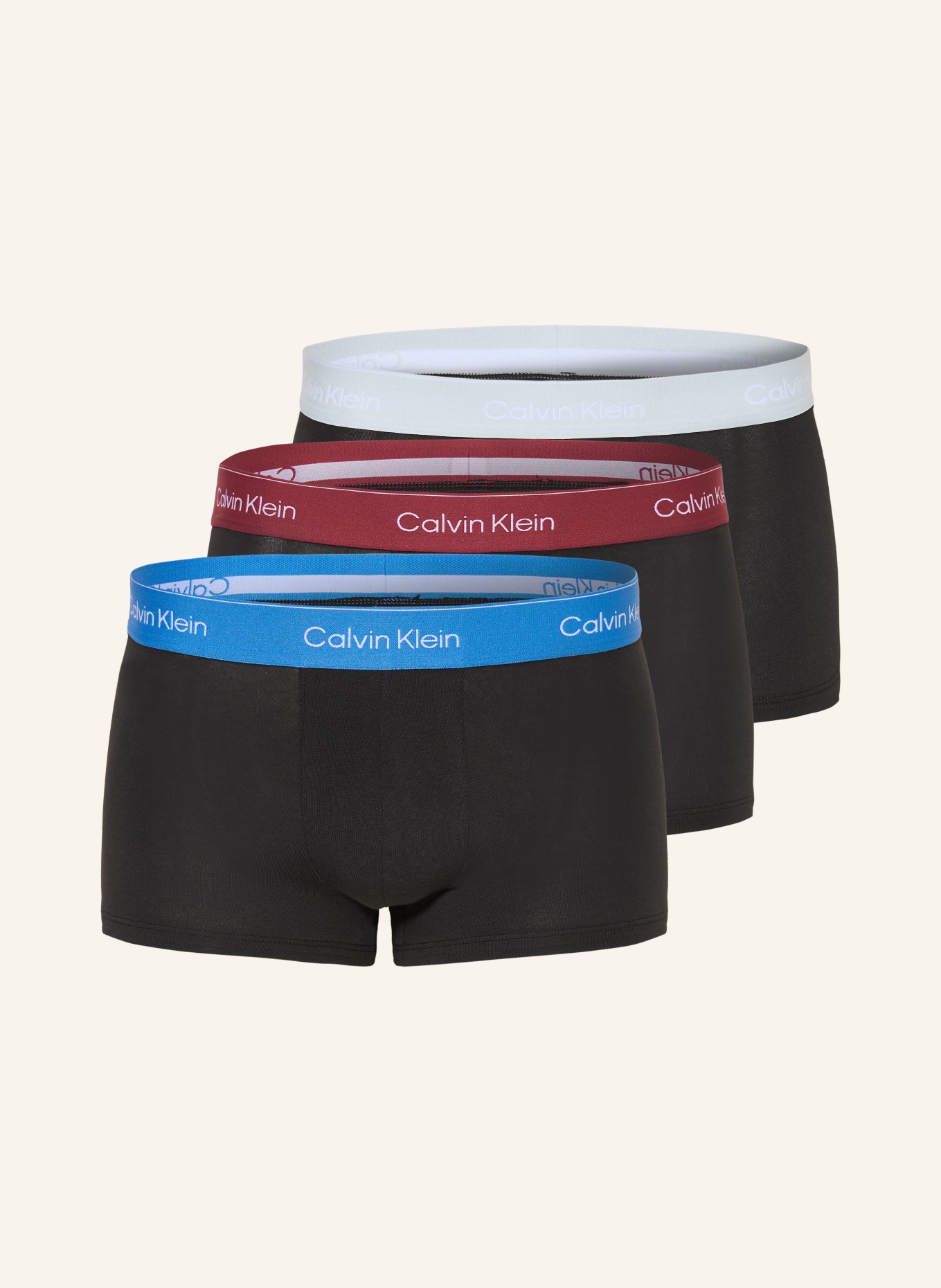 Calvin Klein Boxerky ICON COTTON STRETCH Low Rise, 3 kusy v balení: ČERNÁ / TMAVĚ ČERVENÁ / TMAVĚ MODRÁ
