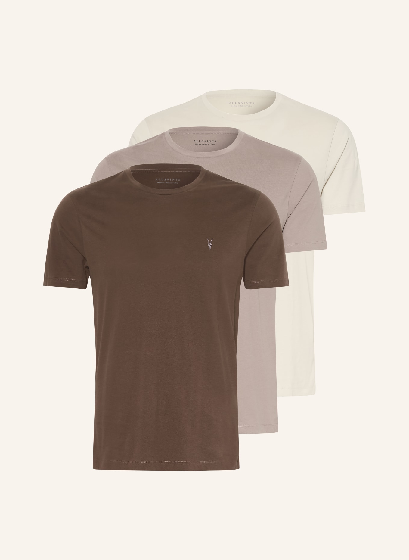 ALLSAINTS T-shirt BRACE SS, 3 szt.: CIEMNOBRĄZOWY / KREMOWY / SZAROBRĄZOWY