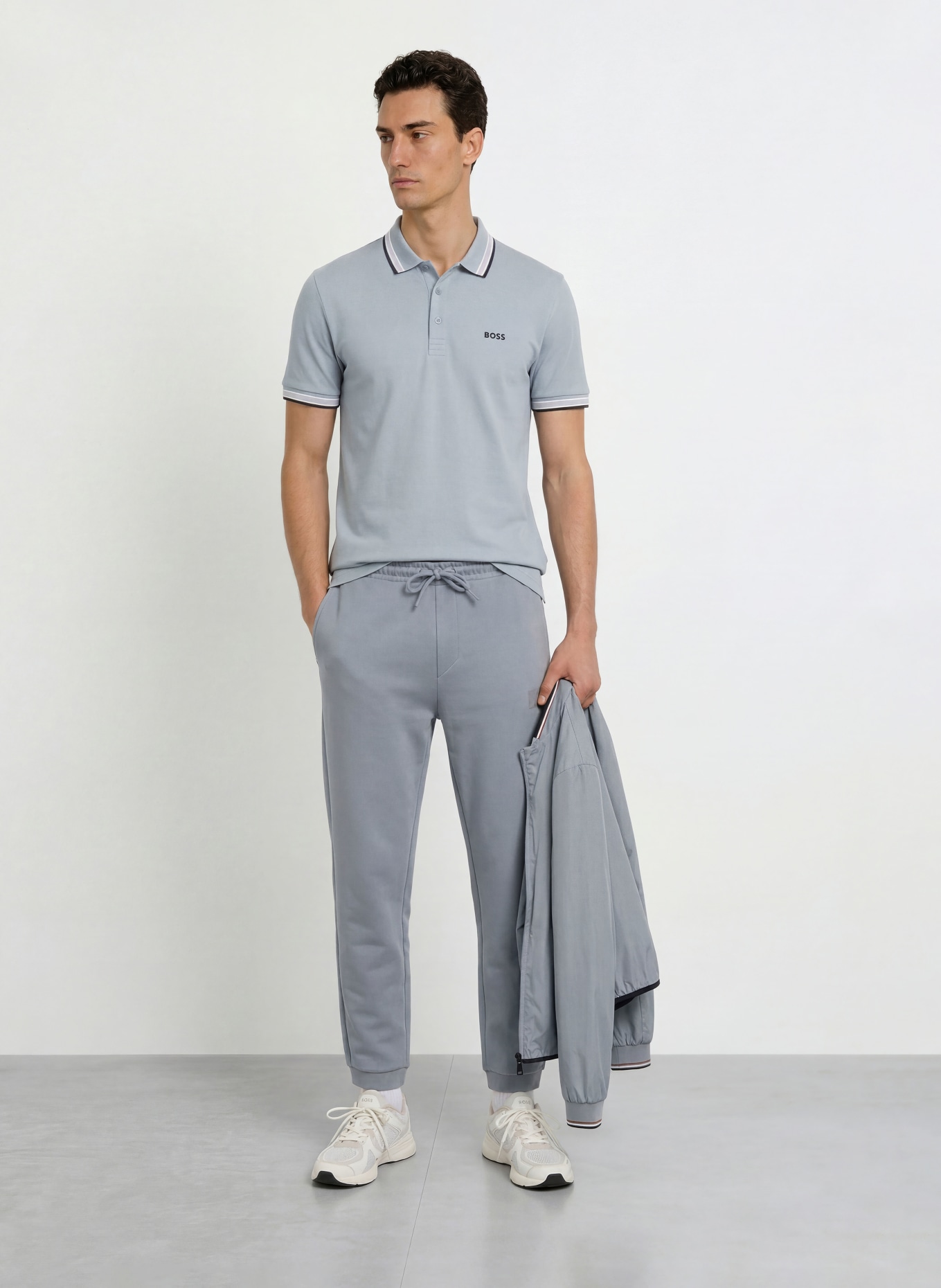 BOSS Pikétröja PADDY CURVED Regular Fit: BLÅGRÅ / VIT / SVART