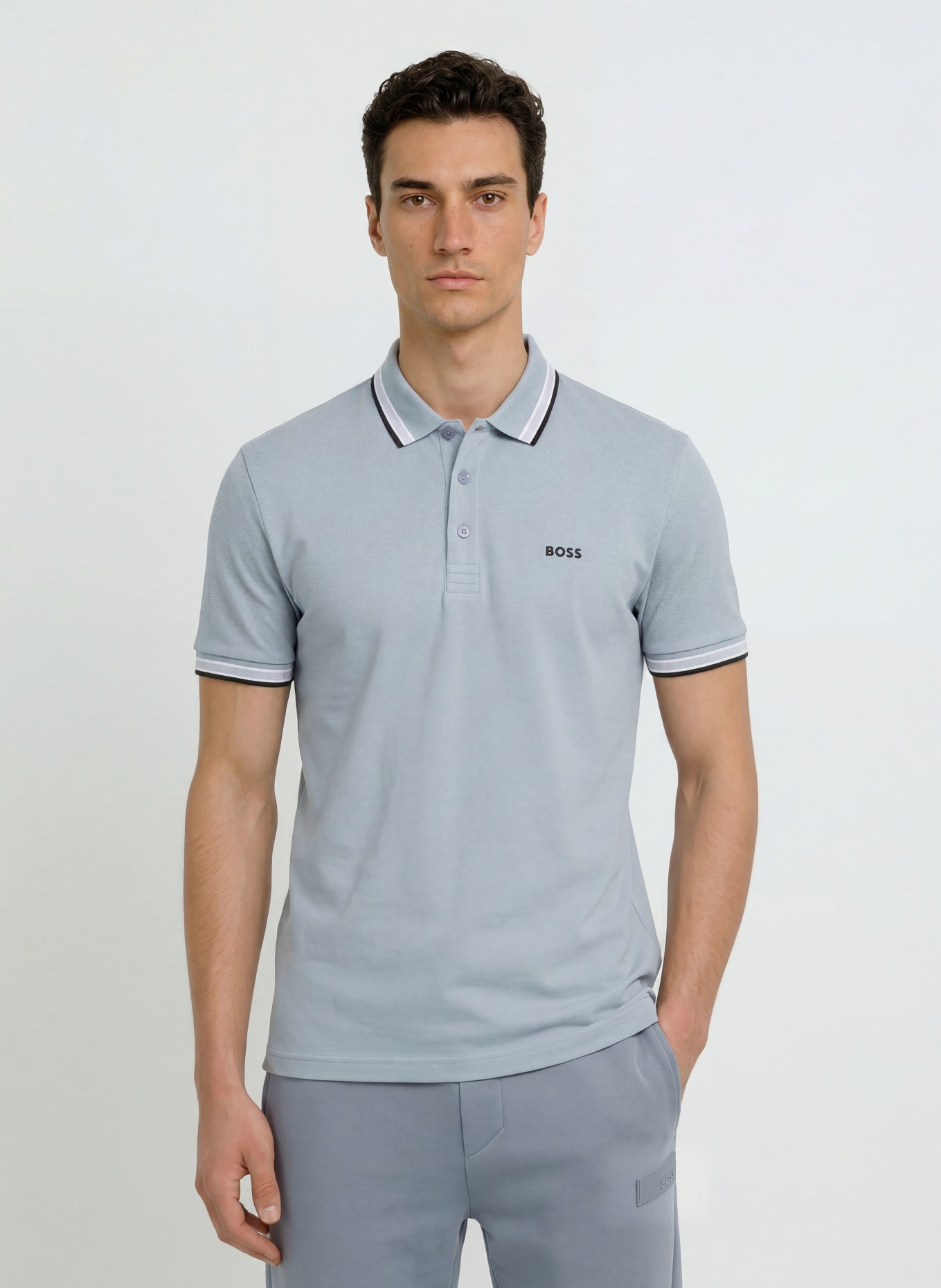 BOSS Pikétröja PADDY CURVED Regular Fit: BLÅGRÅ / VIT / SVART