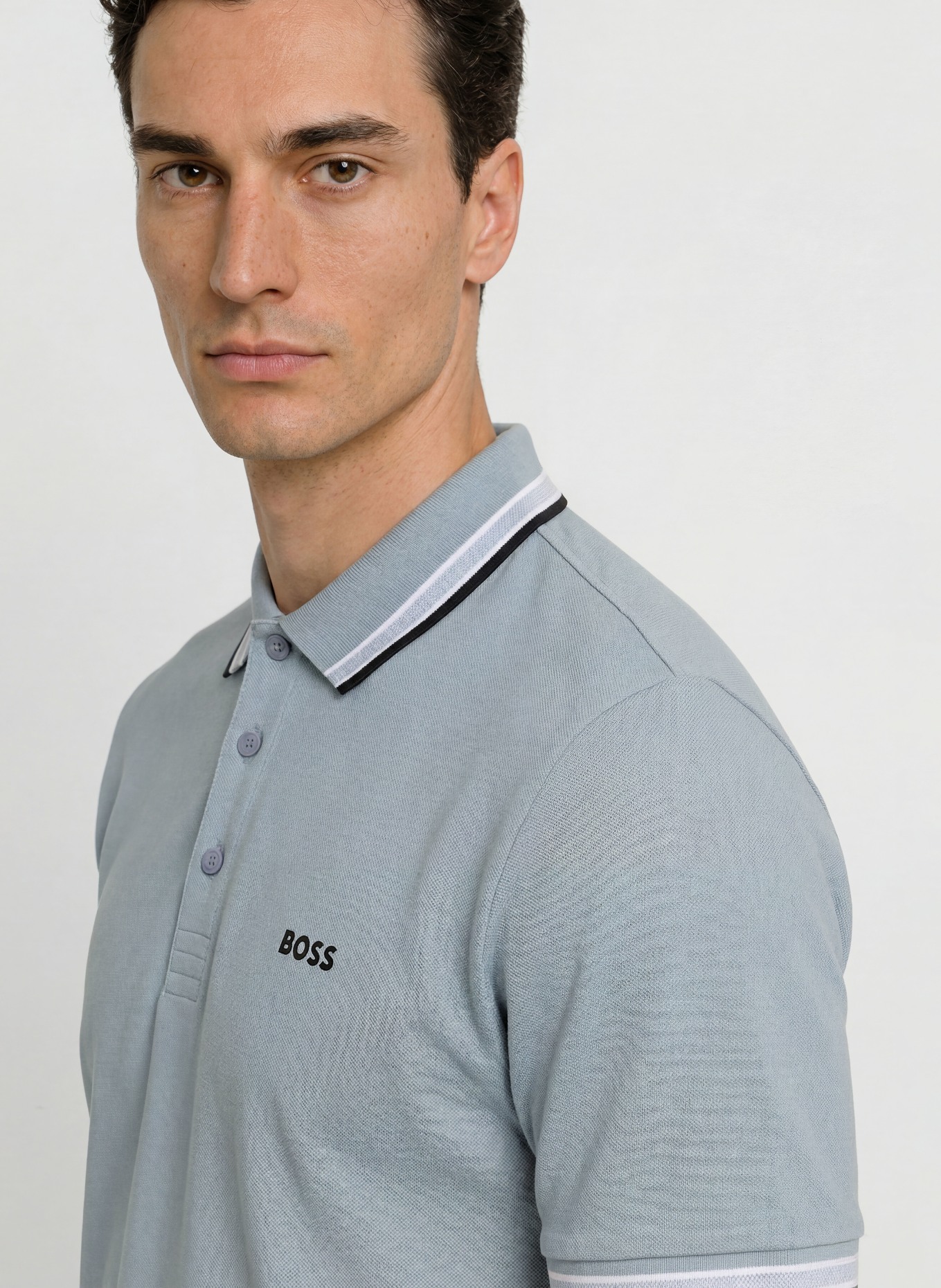 BOSS Pikétröja PADDY CURVED Regular Fit: BLÅGRÅ / VIT / SVART