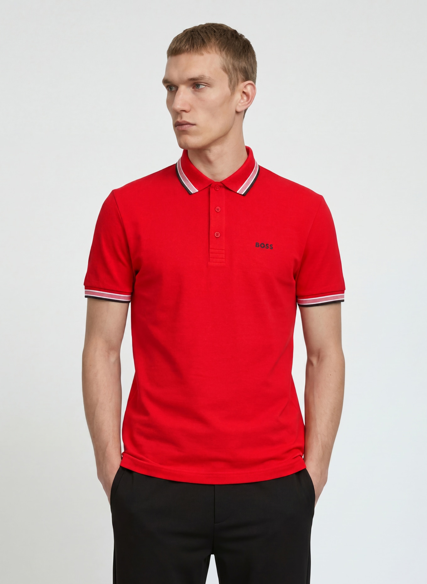 BOSS Pikétröja PADDY CURVED Regular Fit: RÖD / VIT / SVART