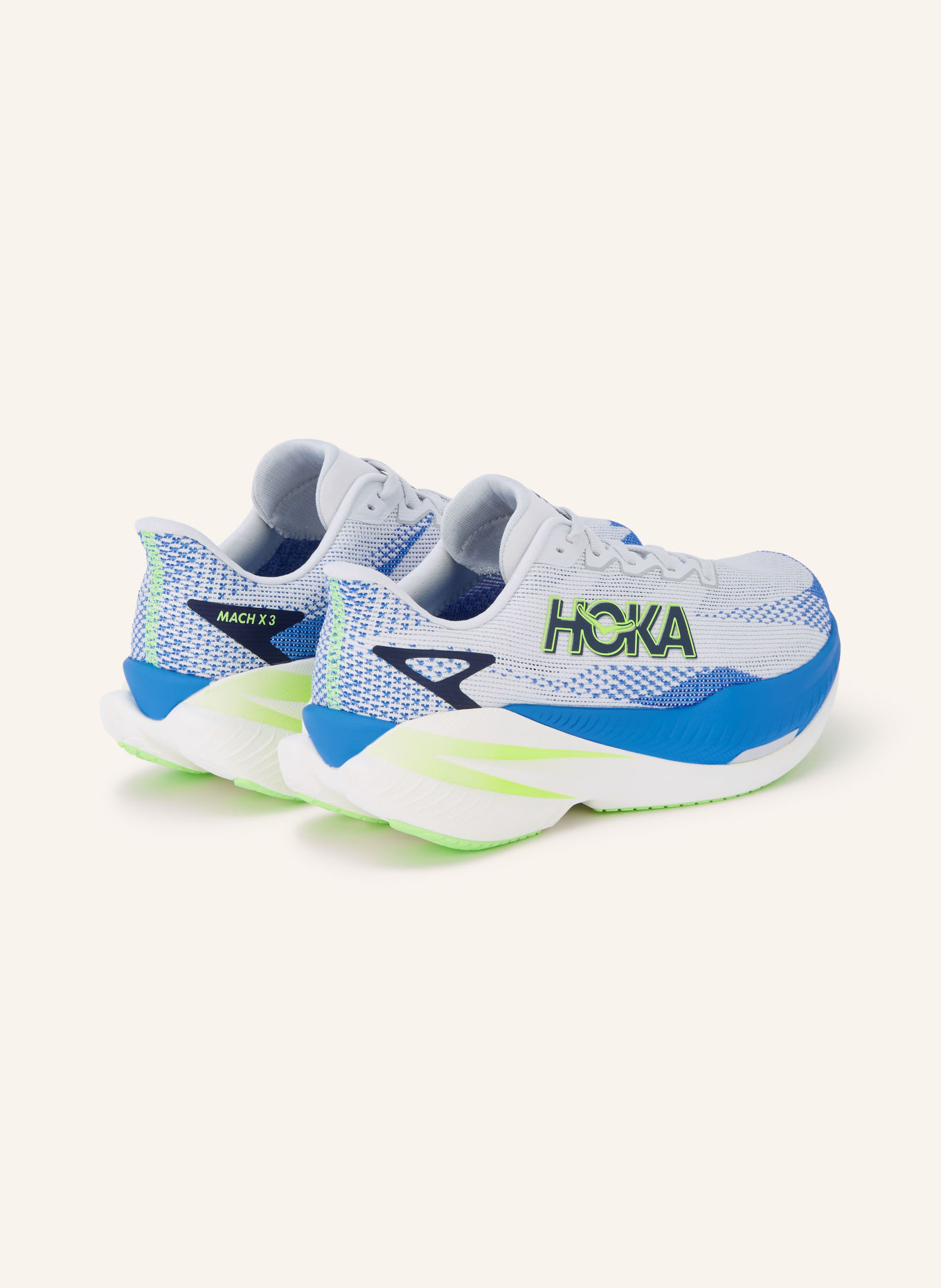 HOKA Hardloopschoenen MACH X3: BLAUW / LICHTGRIJS / NEONGROEN