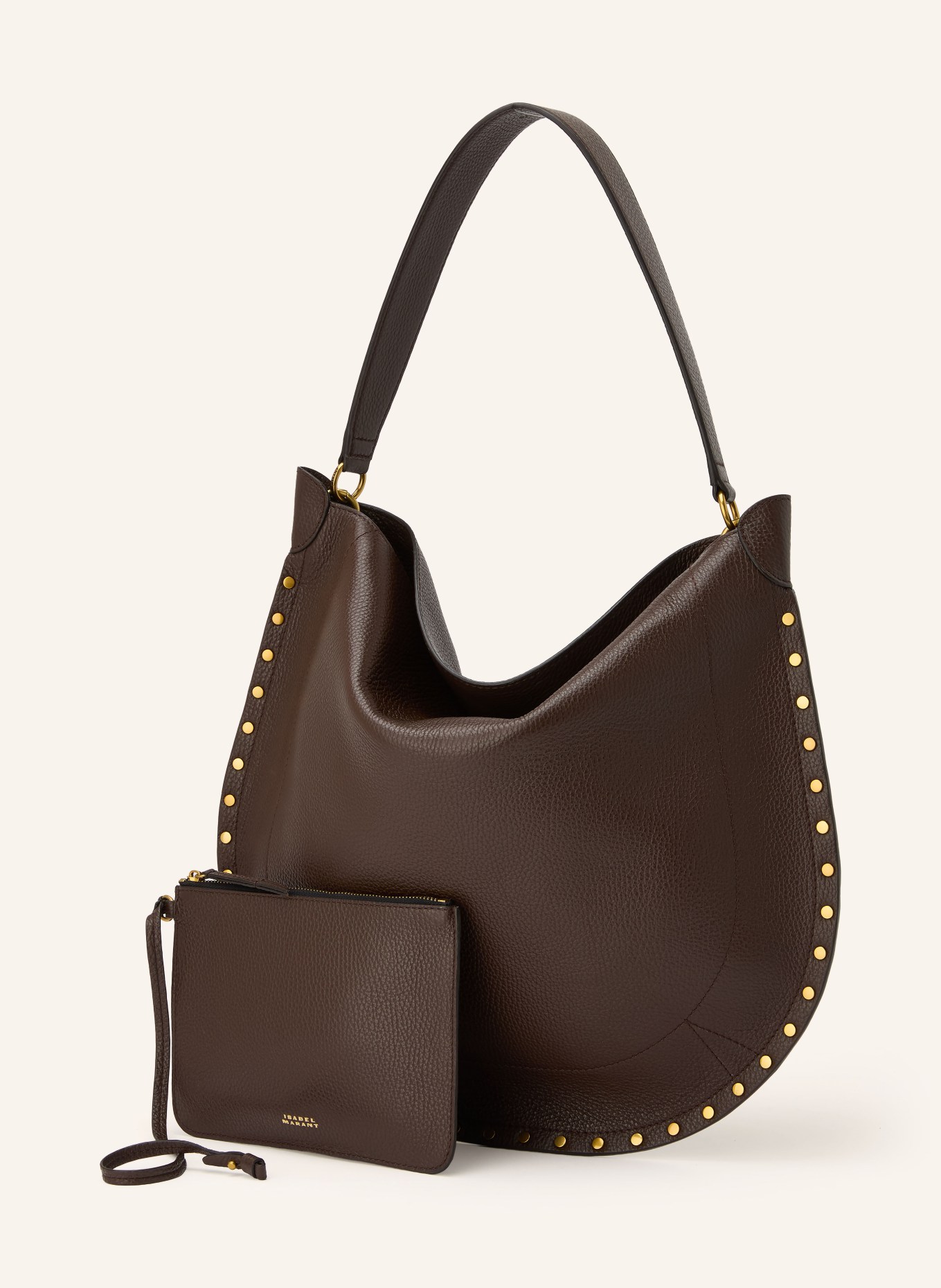 ISABEL MARANT Beuteltasche OSKAN mit Pouch und Nieten: DUNKELBRAUN / GOLD