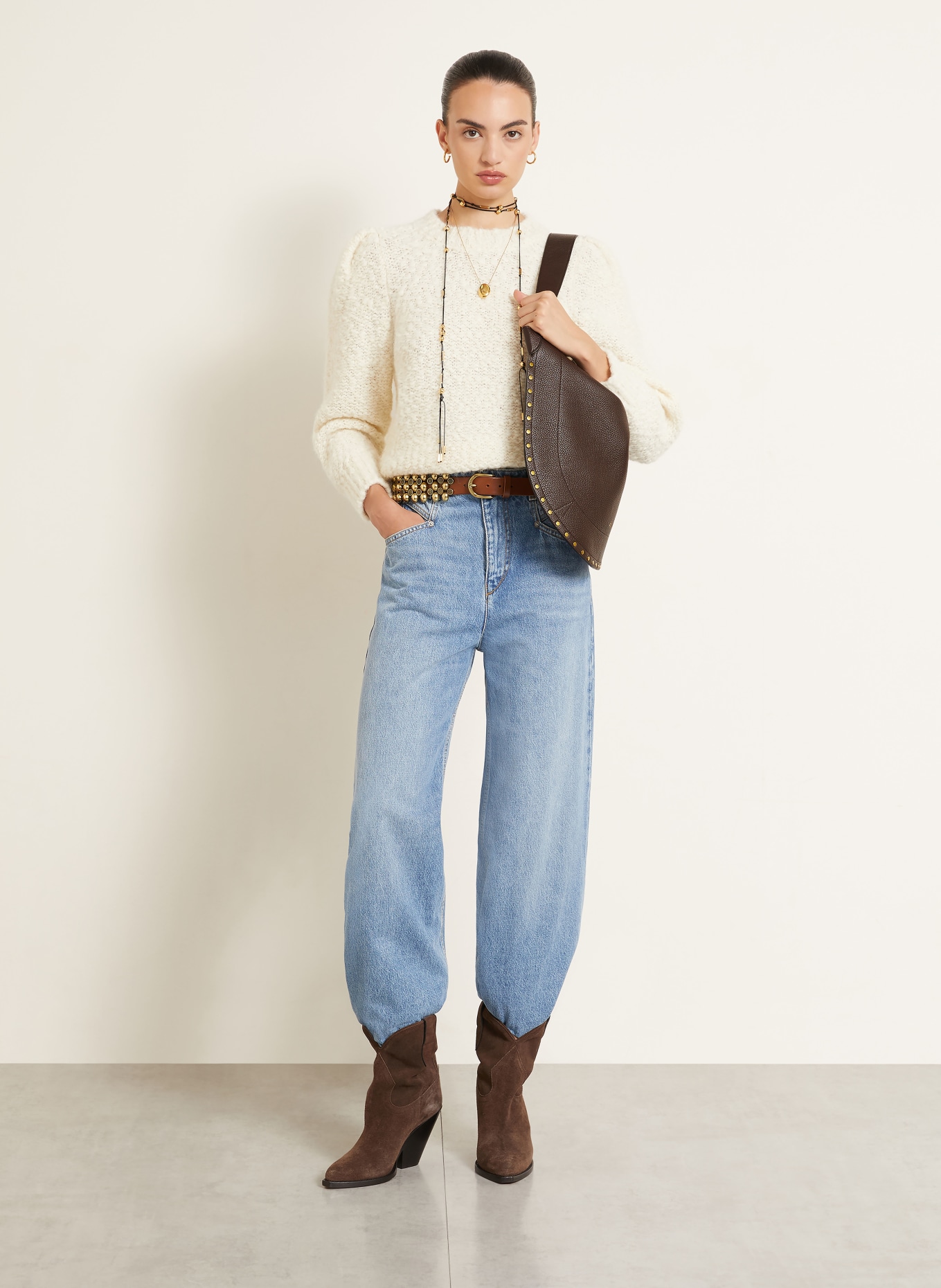 ISABEL MARANT Tas OSKAN met zakje en studs: MARRON FONCÉ / GOUD
