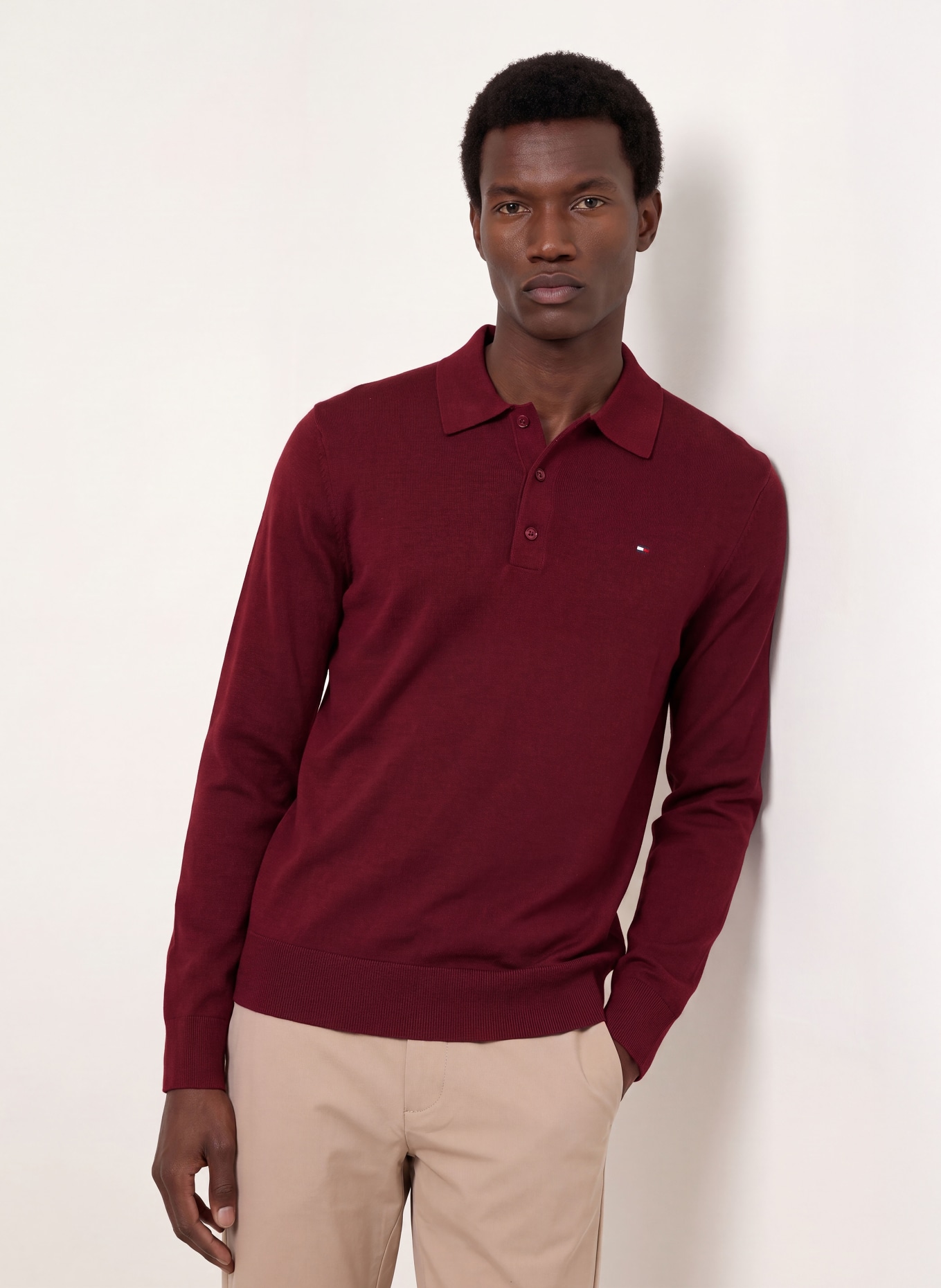TOMMY HILFIGER Strick-Poloshirt: DUNKELROT