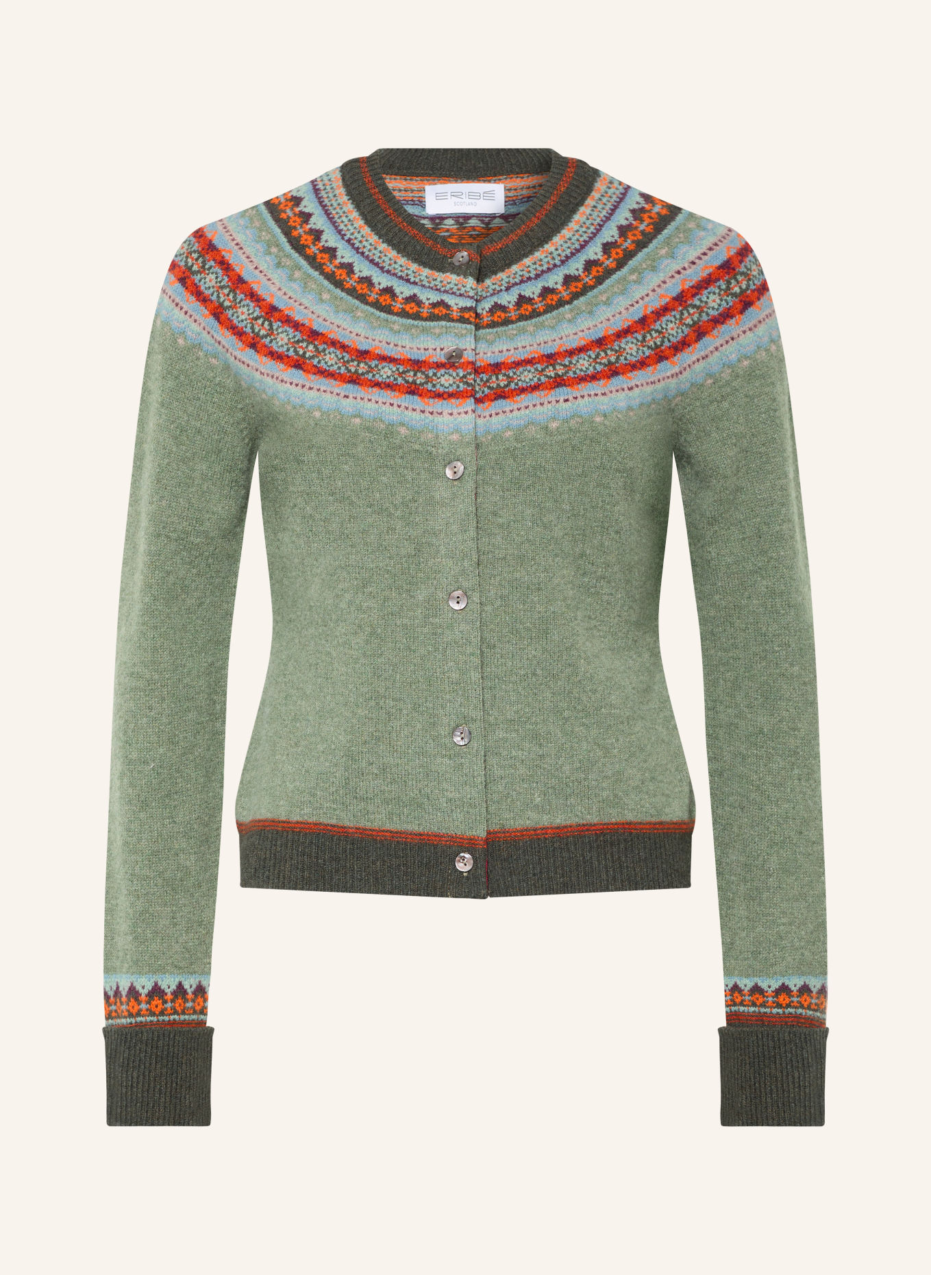 ERIBÉ Strickjacke ALPINE: HELLGRÜN / BLAUGRAU / ORANGE